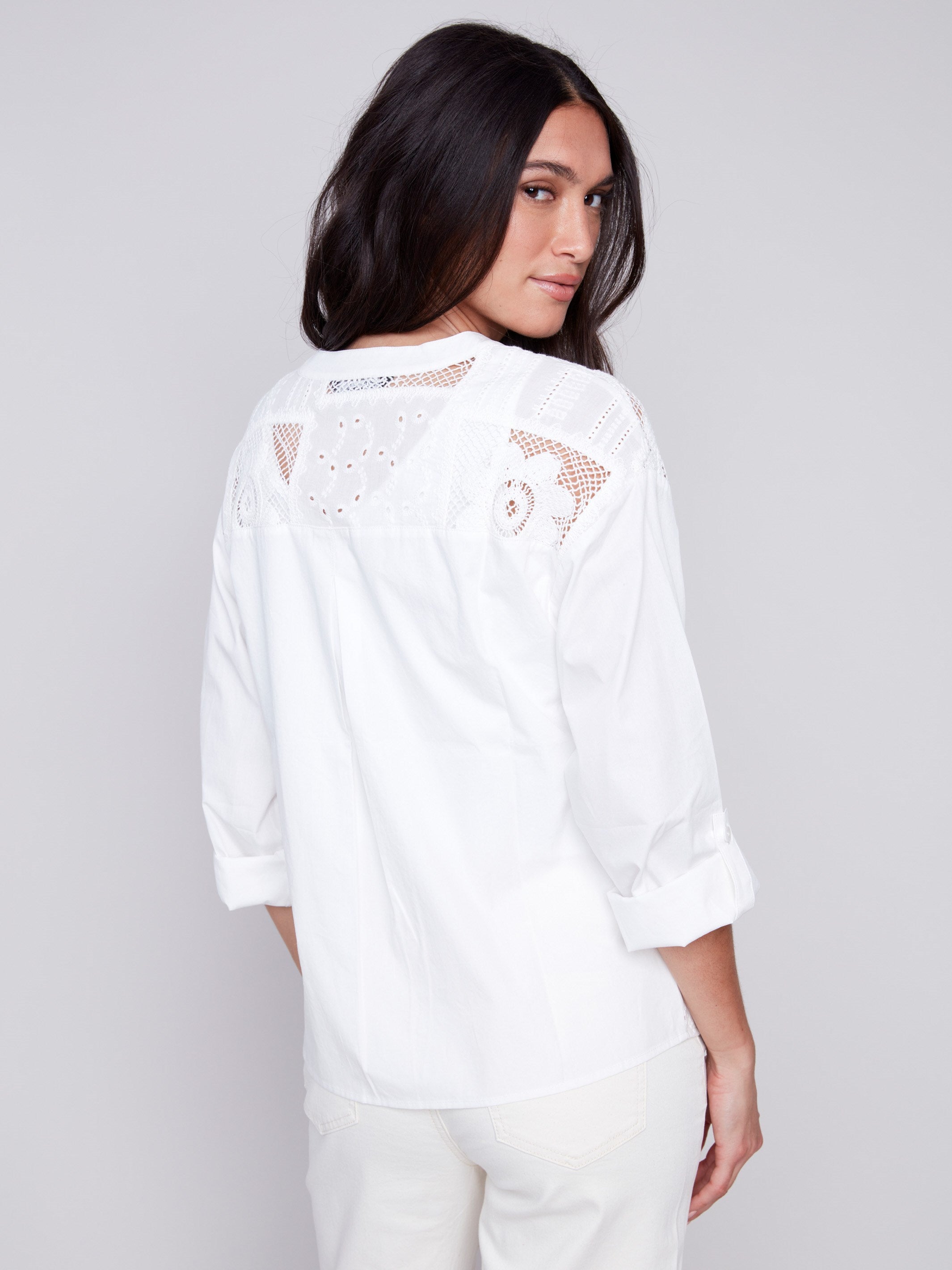 Charlie B Eyelet Henley Button Up Blouse White And Marine main image 1