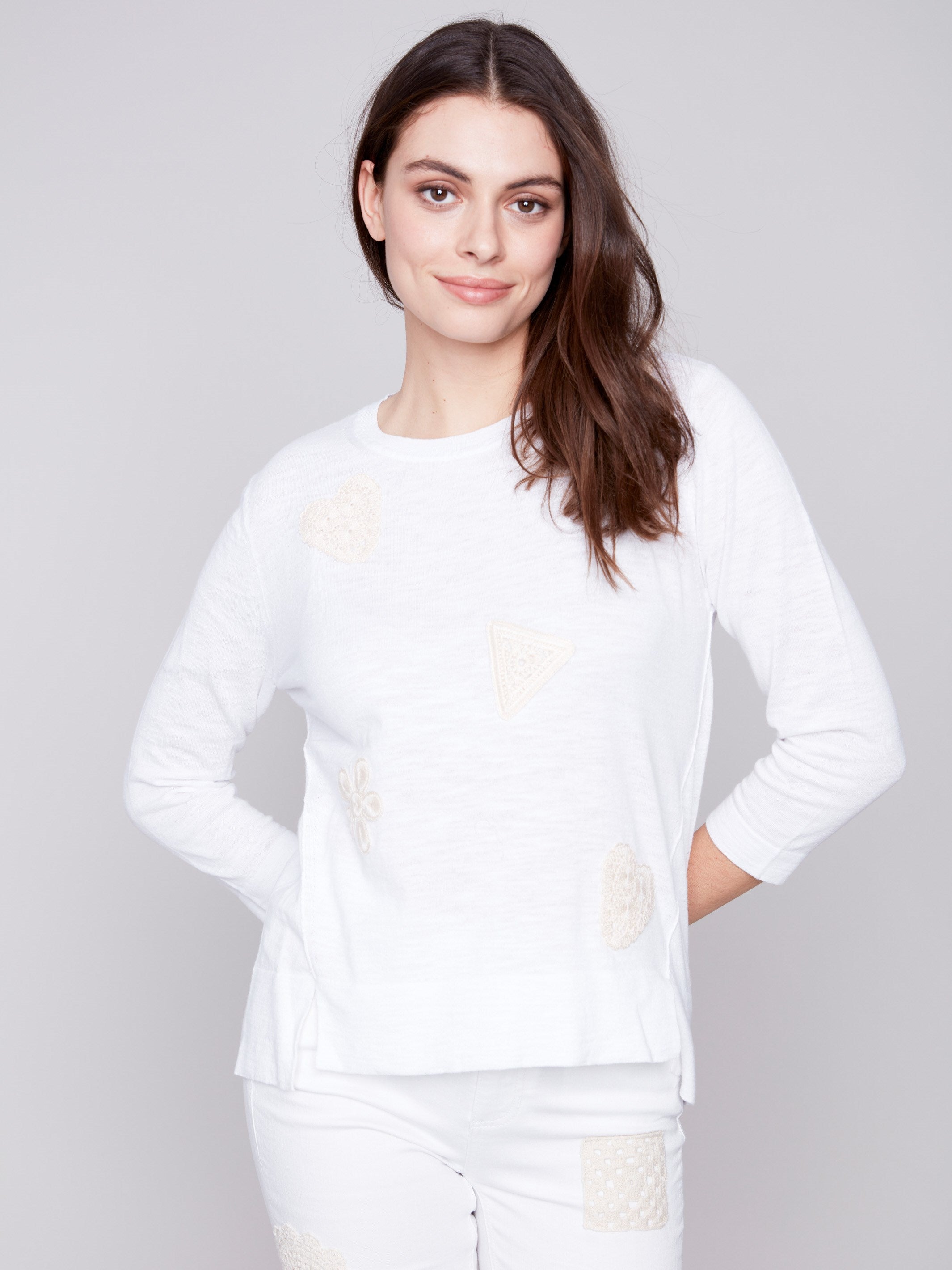 Charlie B Cotton Sweater With Crochet Patchwork - Natural - Image 2