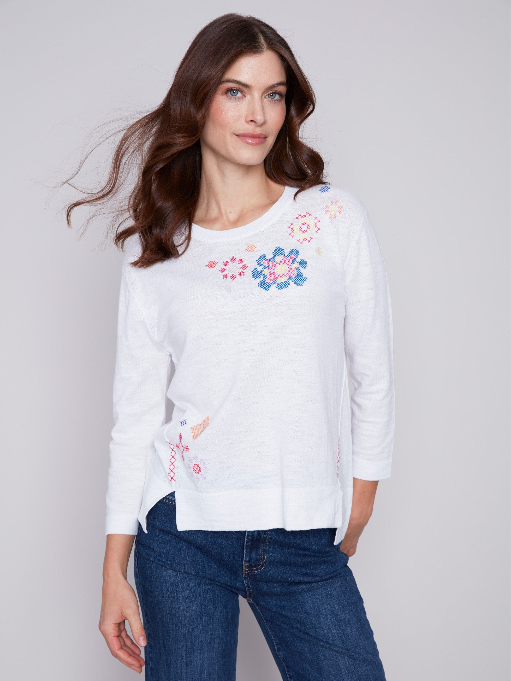 Charlie B Cotton Sweater With Flower Embroidery - White - Image 4