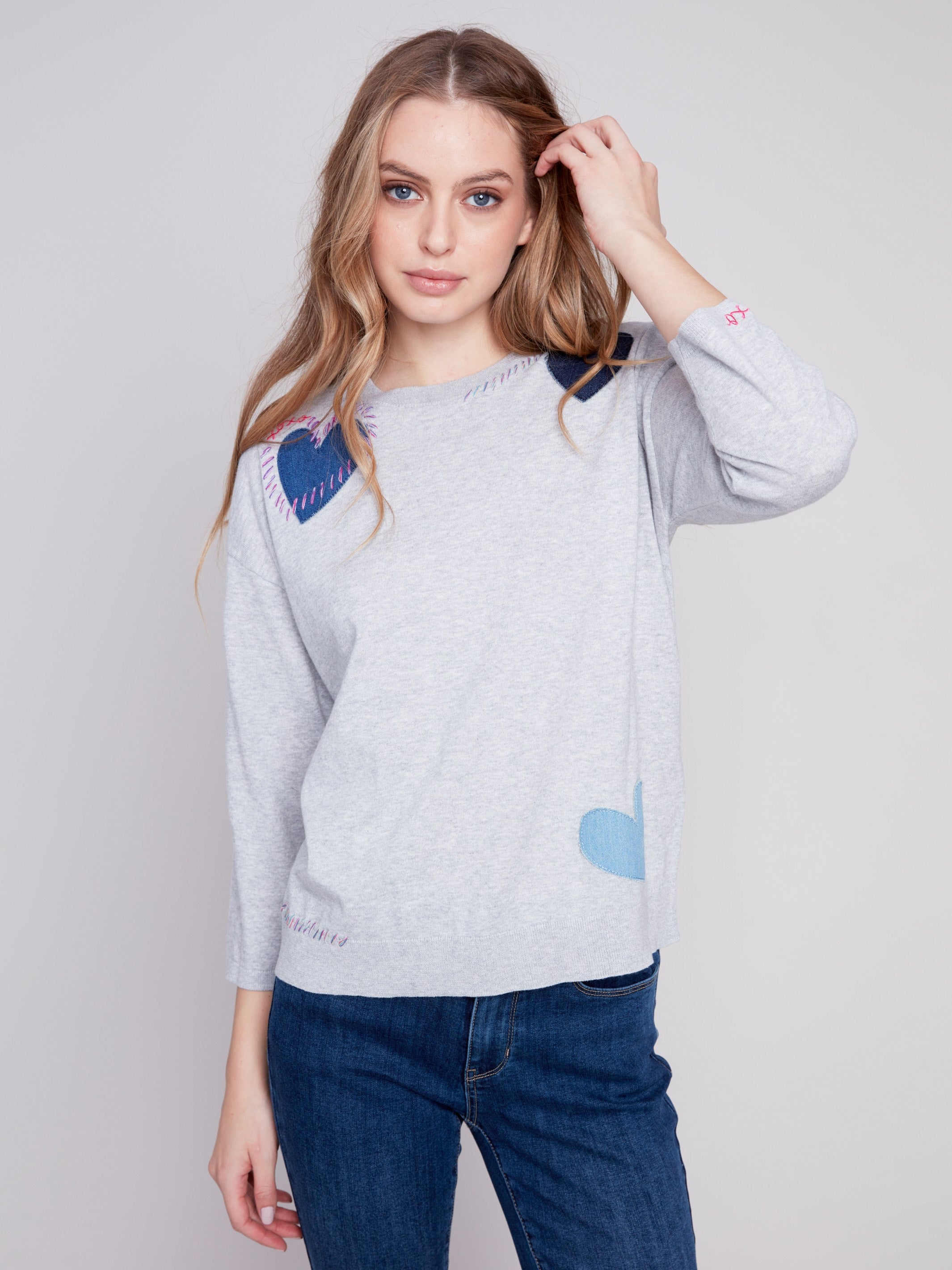 Charlie B Cotton Sweater with Heart Patches - Grey - Image 2