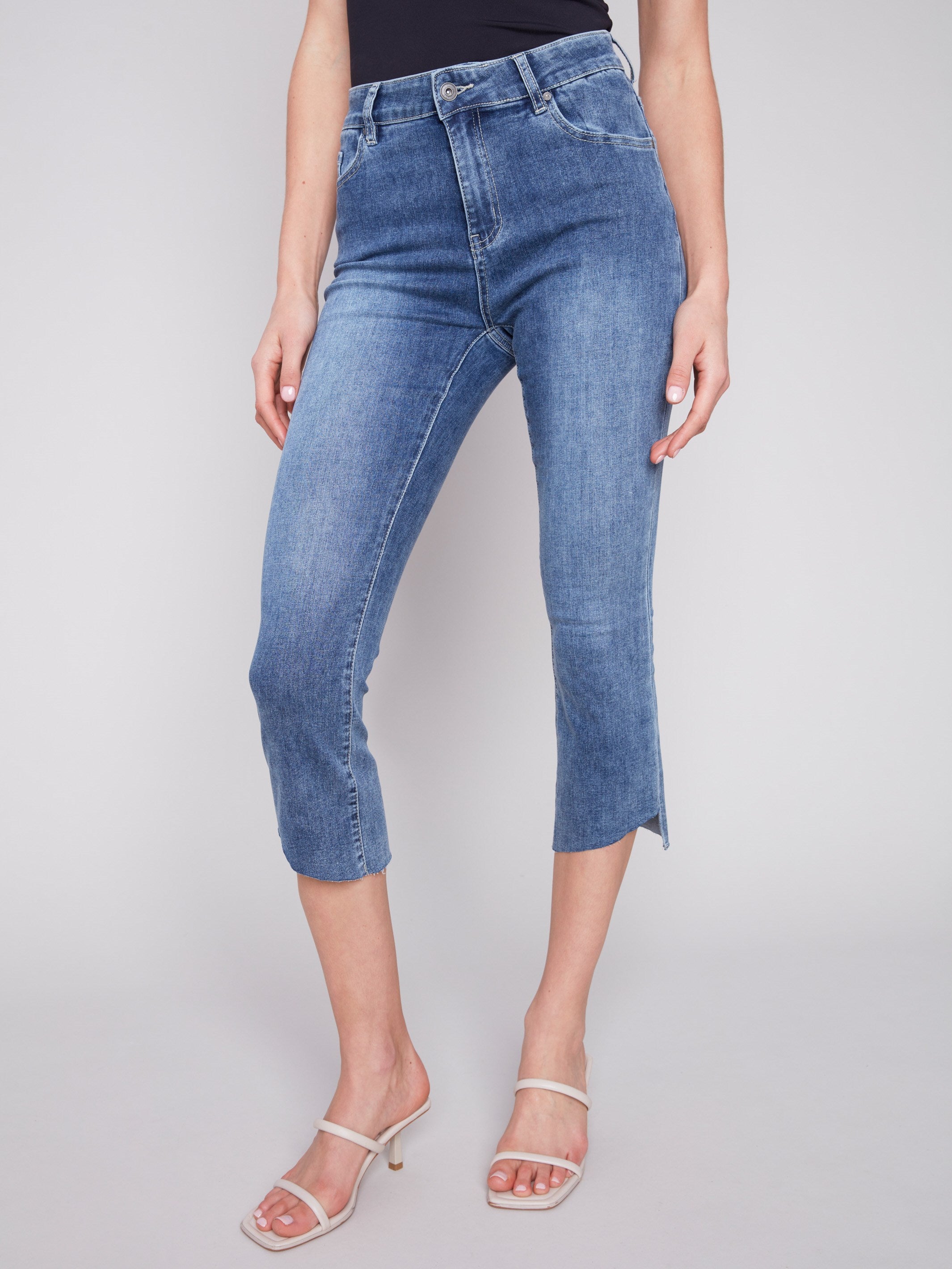 Charlie B Cropped Bootcut Jeans with Asymmetrical Hem - Medium Blue - Image 2