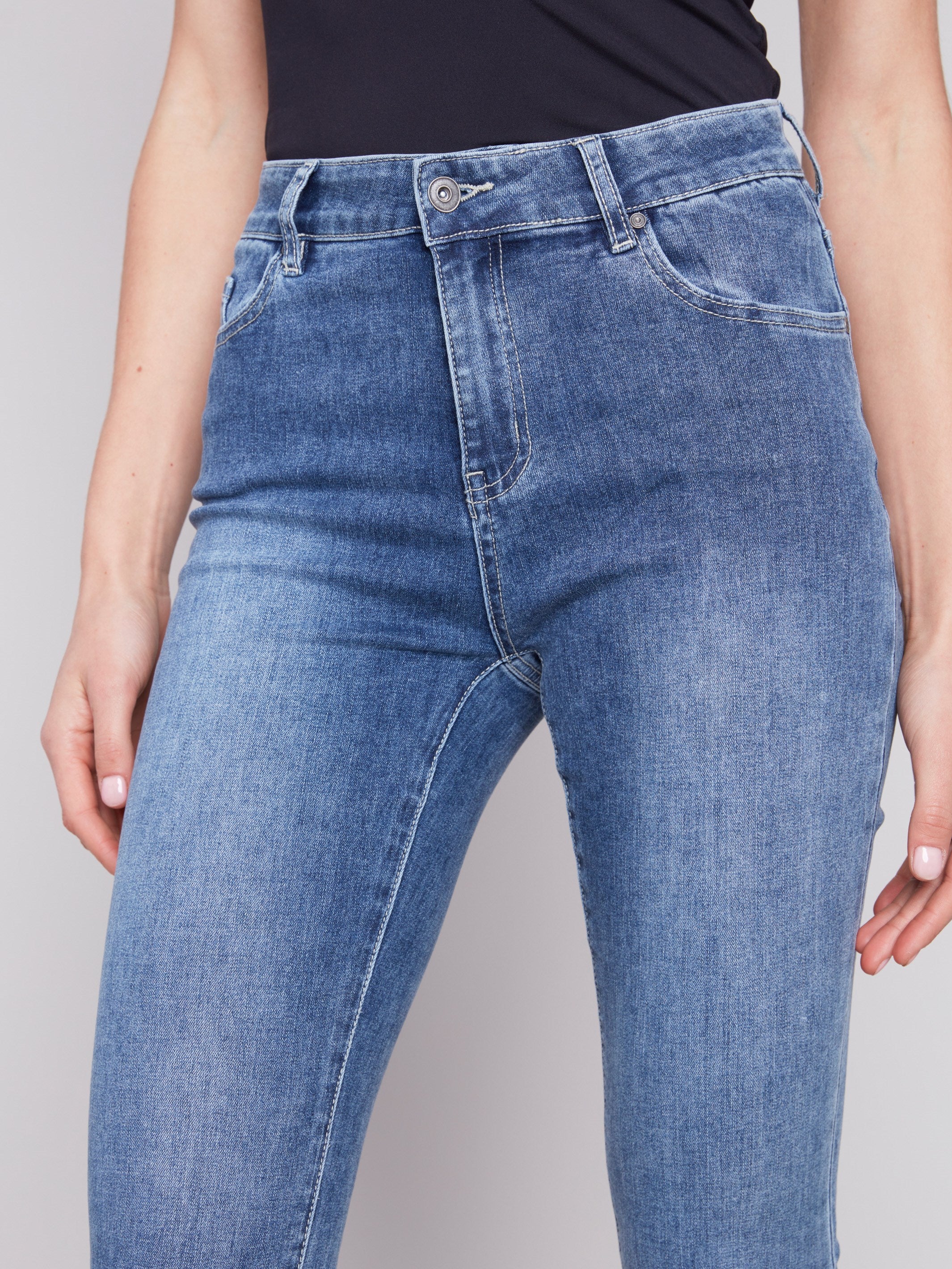 Charlie B Cropped Bootcut Jeans with Asymmetrical Hem - Medium Blue - Image 5