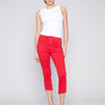 Charlie B Cropped Bootcut Twill Pants with Asymmetrical Hem - Cherry - Image 1
