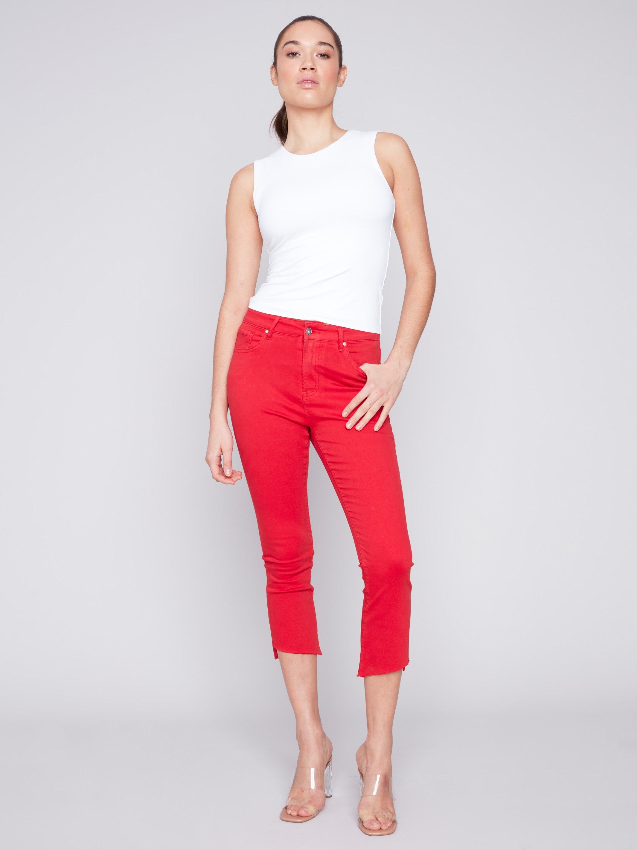 Charlie B Cropped Bootcut Twill Pants with Asymmetrical Hem - Cherry - Image 4
