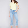 Charlie B Cropped Jeans with Embroidered Fringed Hem - Light Blue - Image 1