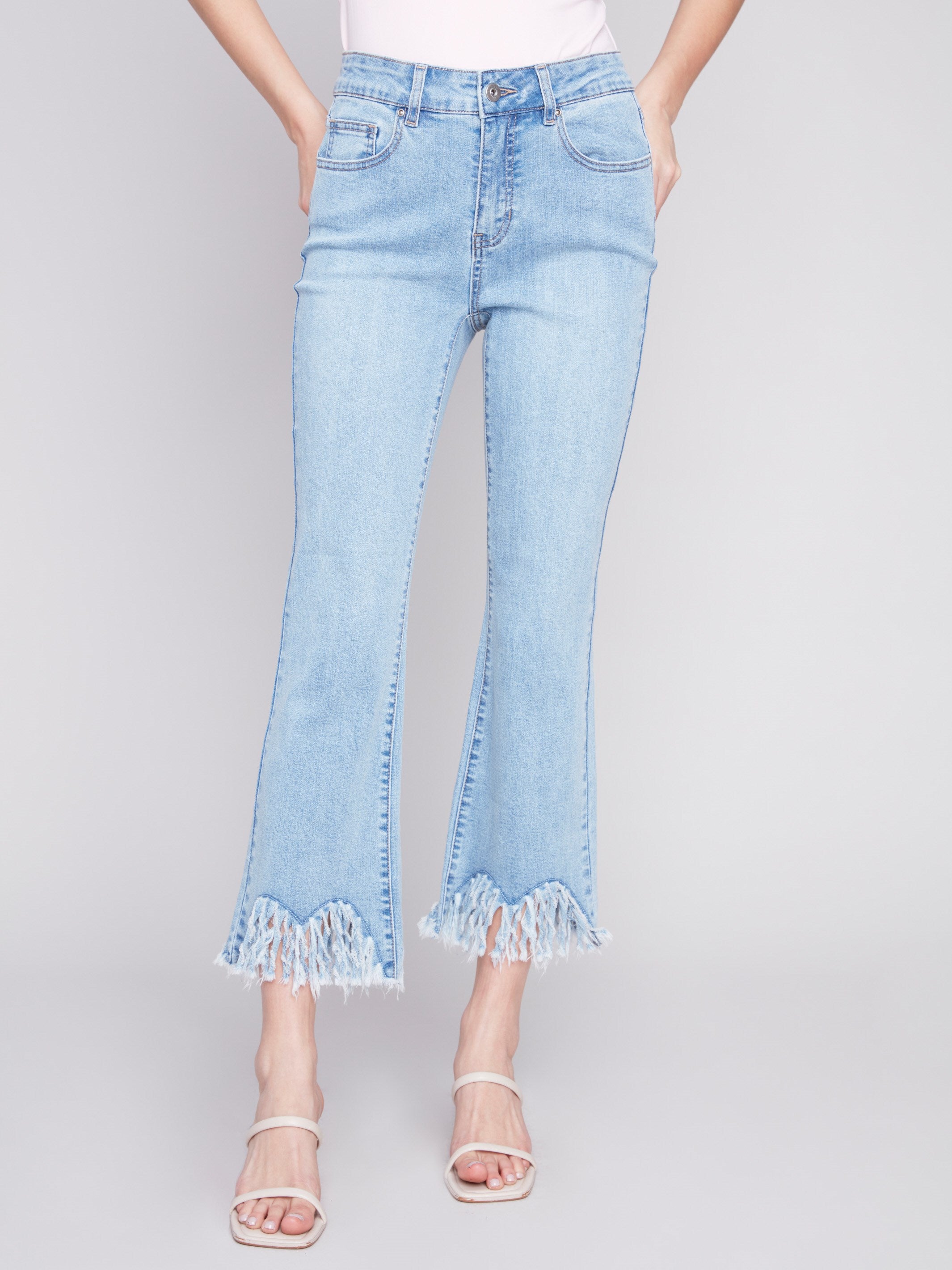 Charlie B Cropped Jeans with Fringed Hem - Light Blue - Image 2