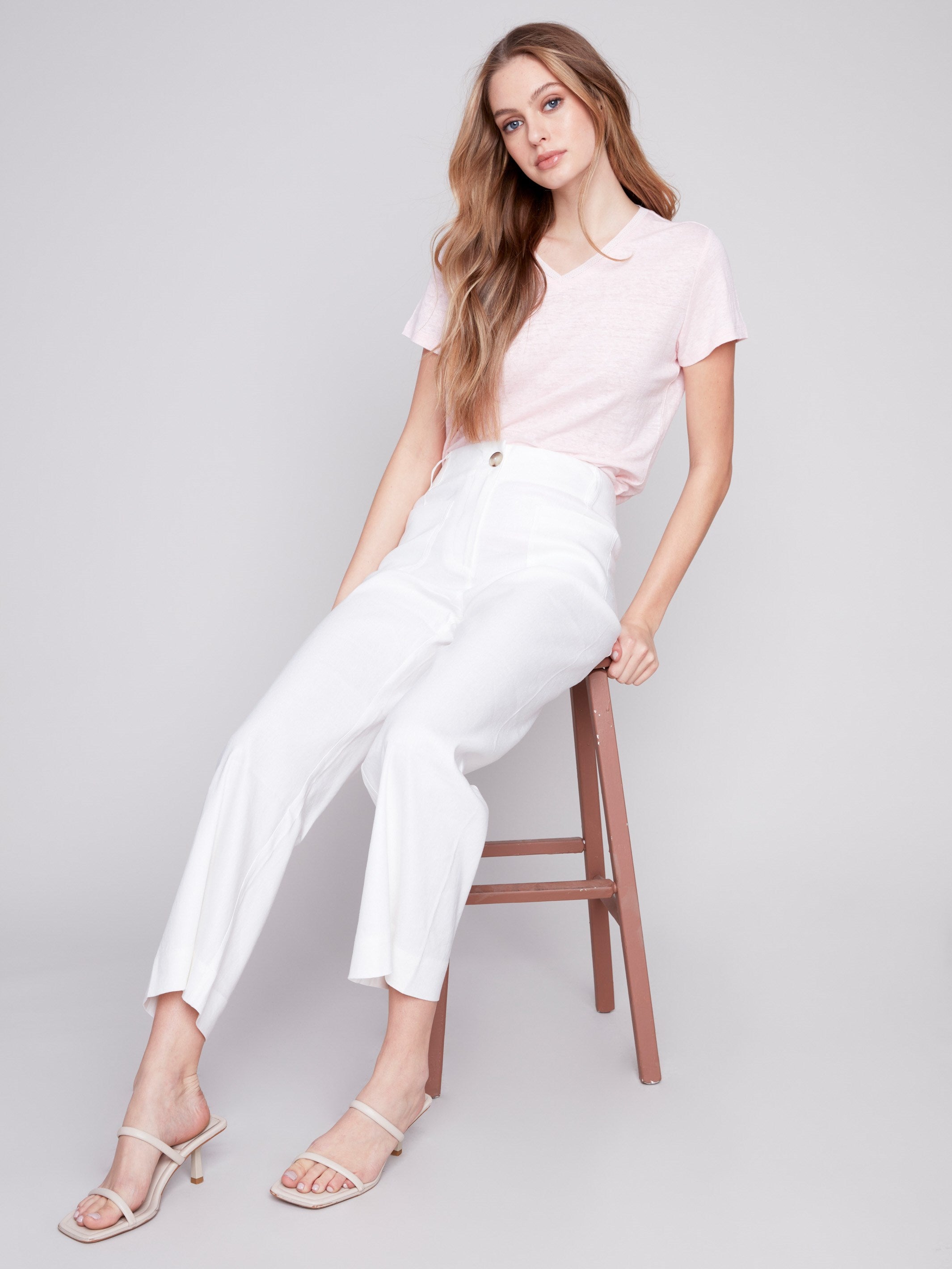 Charlie B Cropped Linen Blend Pants - White - Image 3
