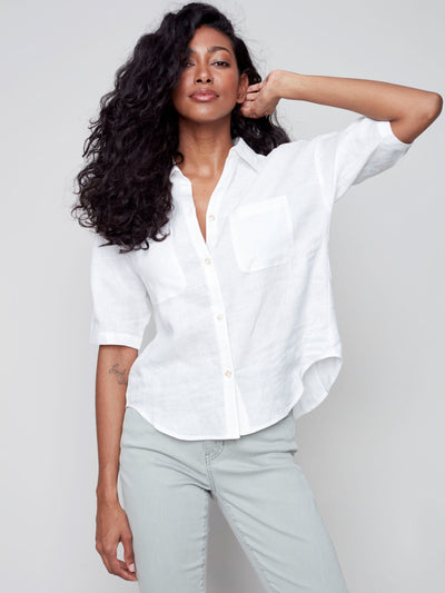 Cropped Linen Blouse - White - C4486 Charlie B Collection