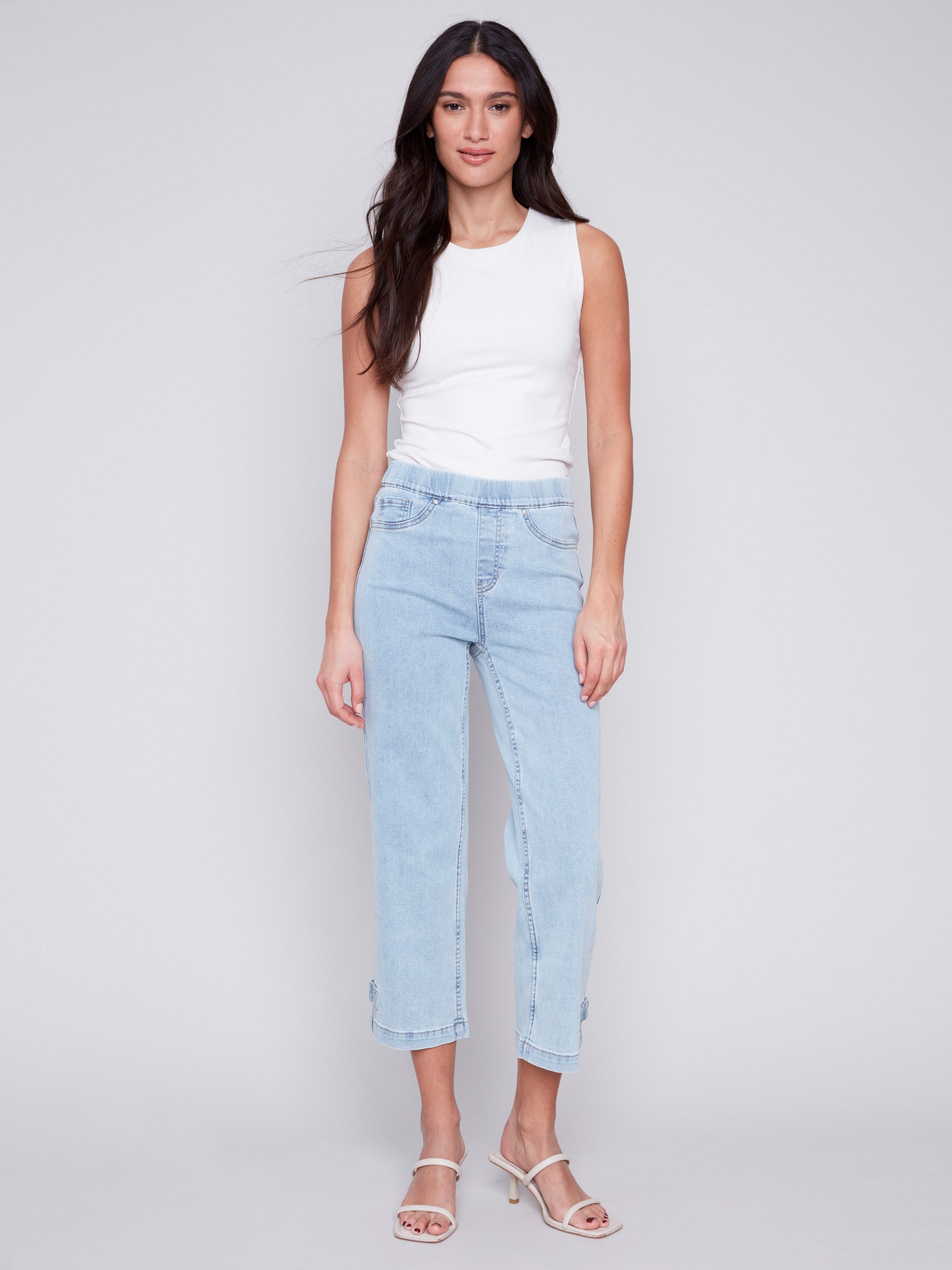 Cropped Pull-On Jeans with Hem Tab - Bleach Blue