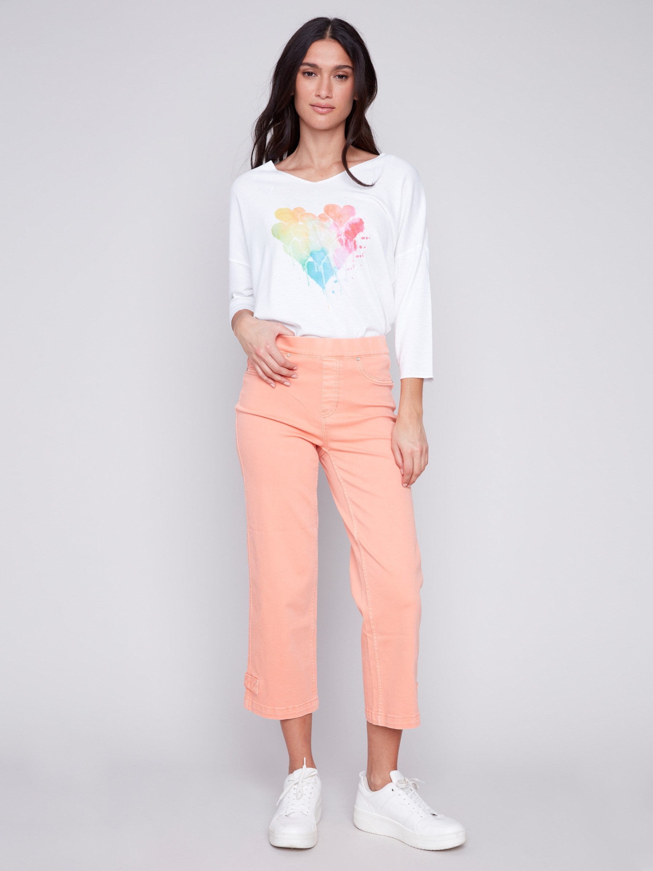 Cropped Pull-On Twill Pants with Hem Tab - Tangerine