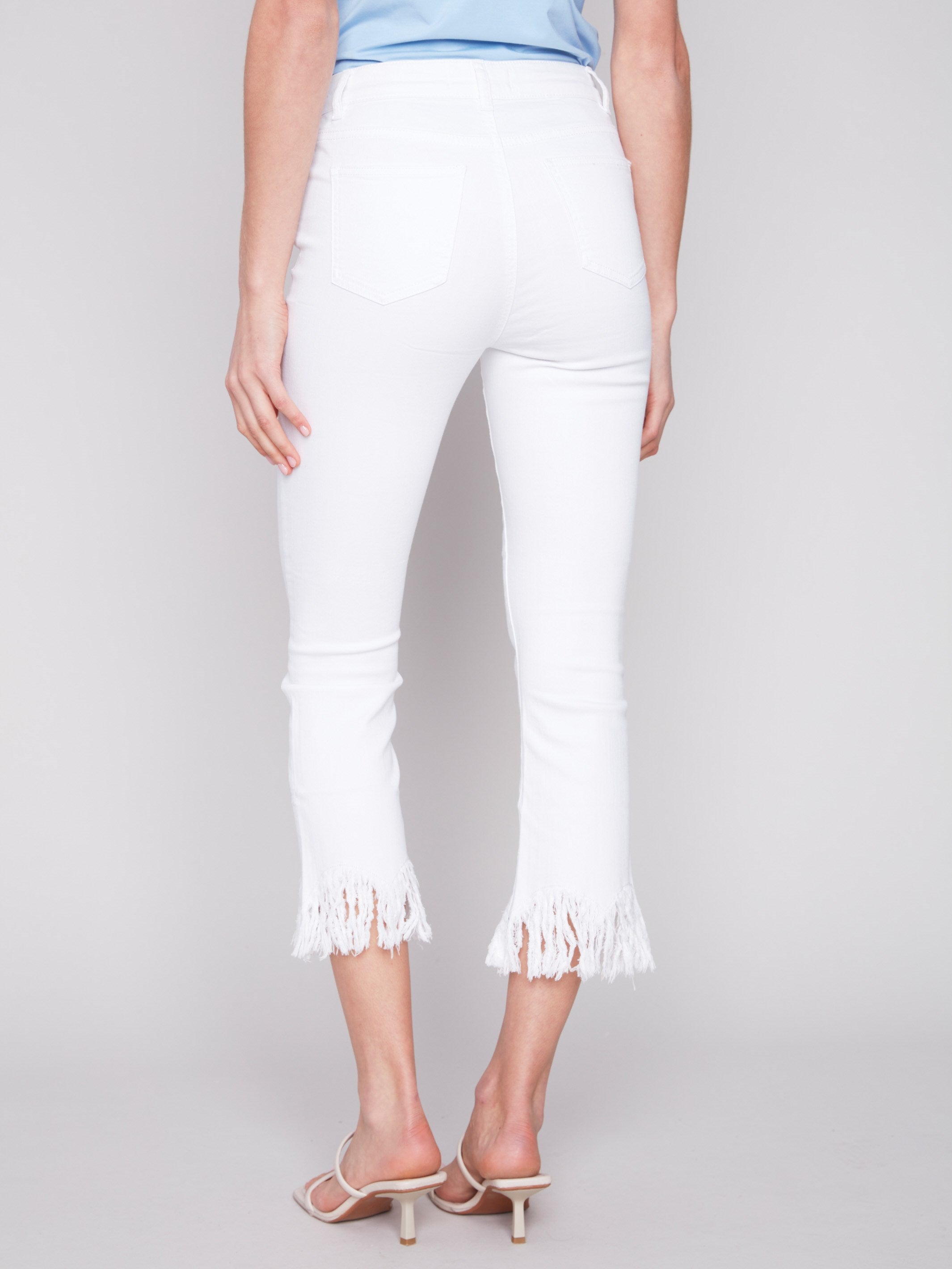 Charlie B Cropped Twill Jeans with Fringed Hem - White - Image 3