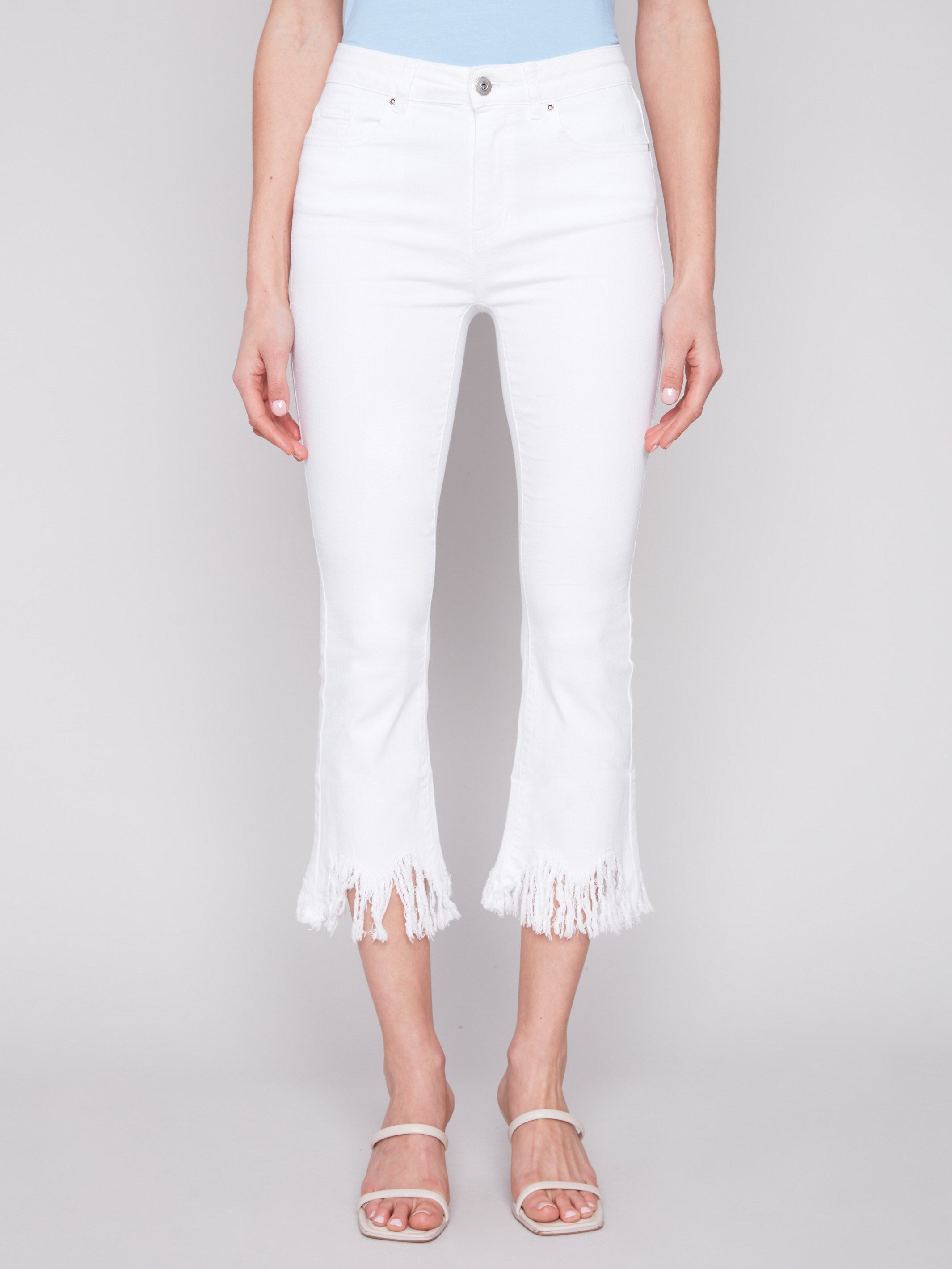 Charlie B Cropped Twill Jeans with Fringed Hem - White - Image 6