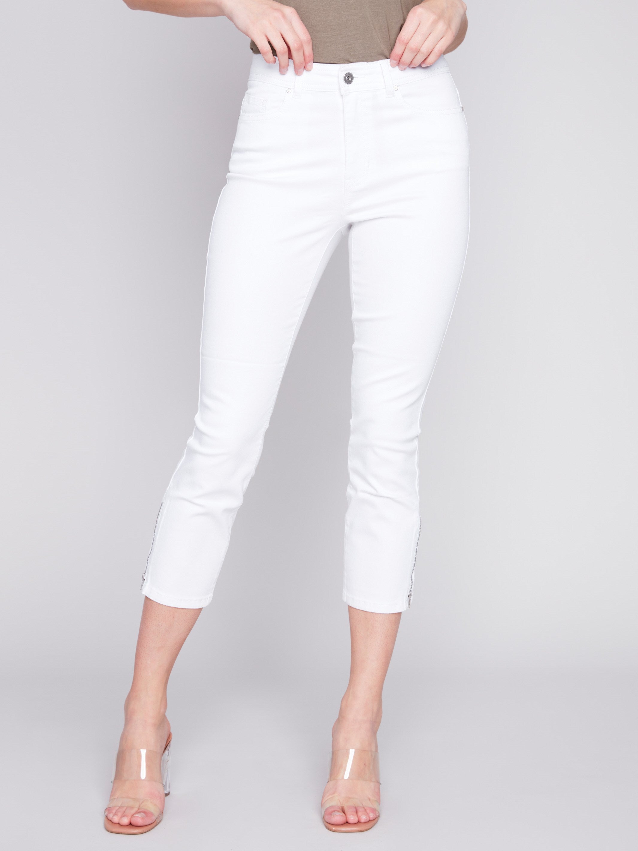 Charlie B Cropped Twill Pants with Zipper Detail - White - Image 2