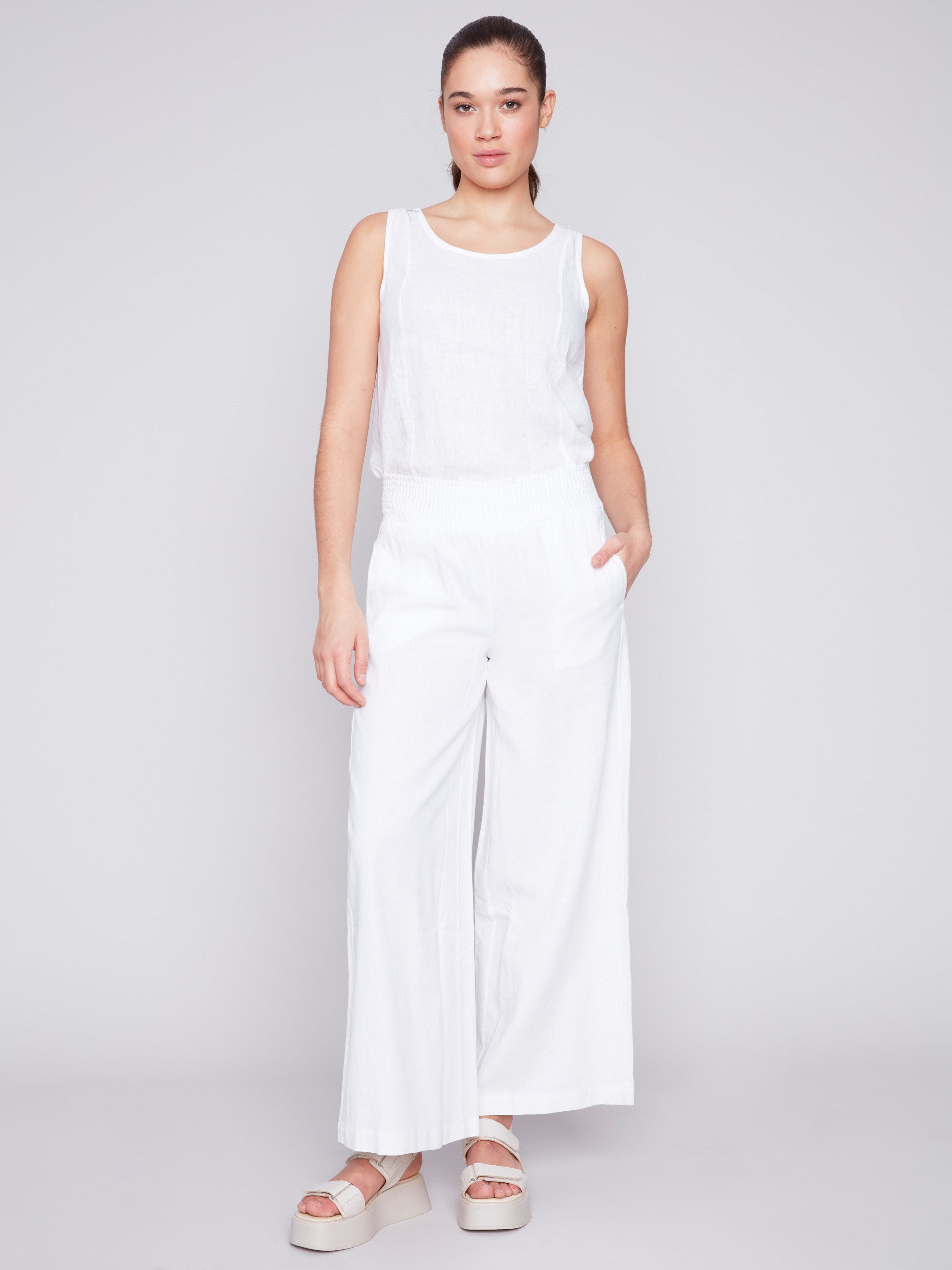 Charlie B Elastic Waist Linen-Blend Pull-On Pants - White - Image 1