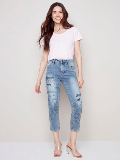 Embroidered and Beaded Cropped Jeans - Sunny - C5340 Charlie B Collection