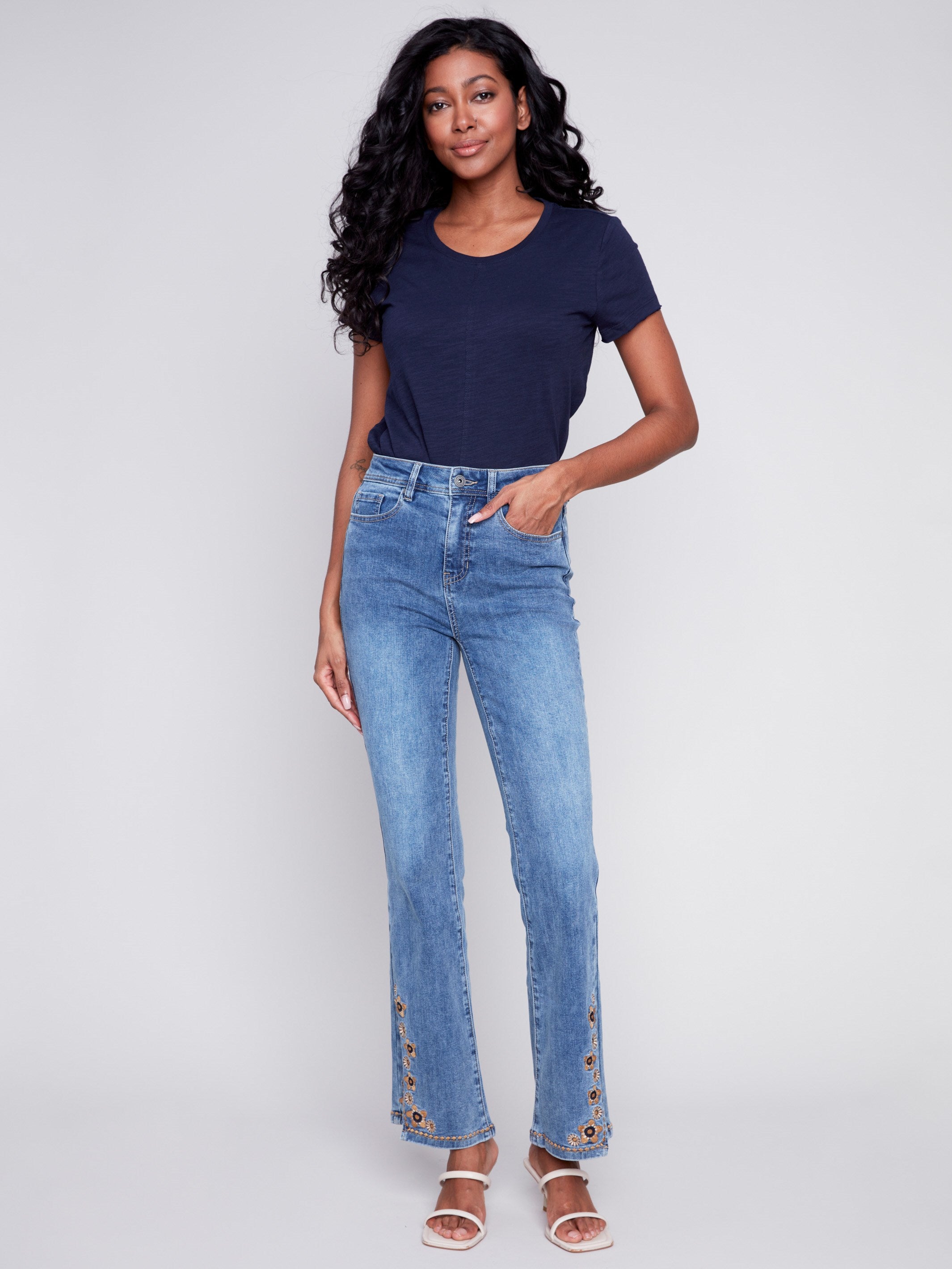 Charlie B Embroidered Bootcut Jeans with Front Slits - Medium Blue - Image 1