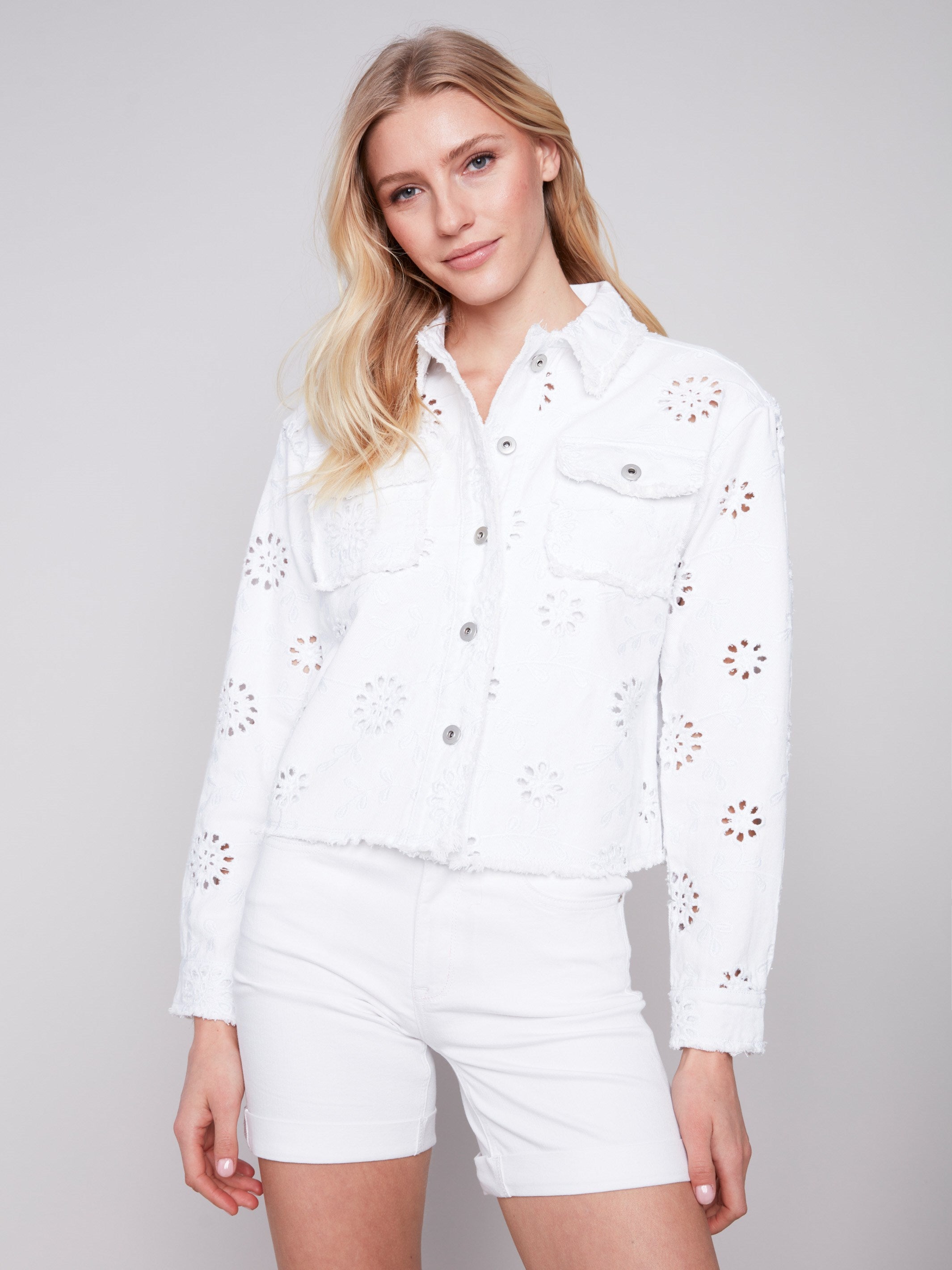 Charlie B Embroidered Eyelet Denim Jacket - White - Image 1