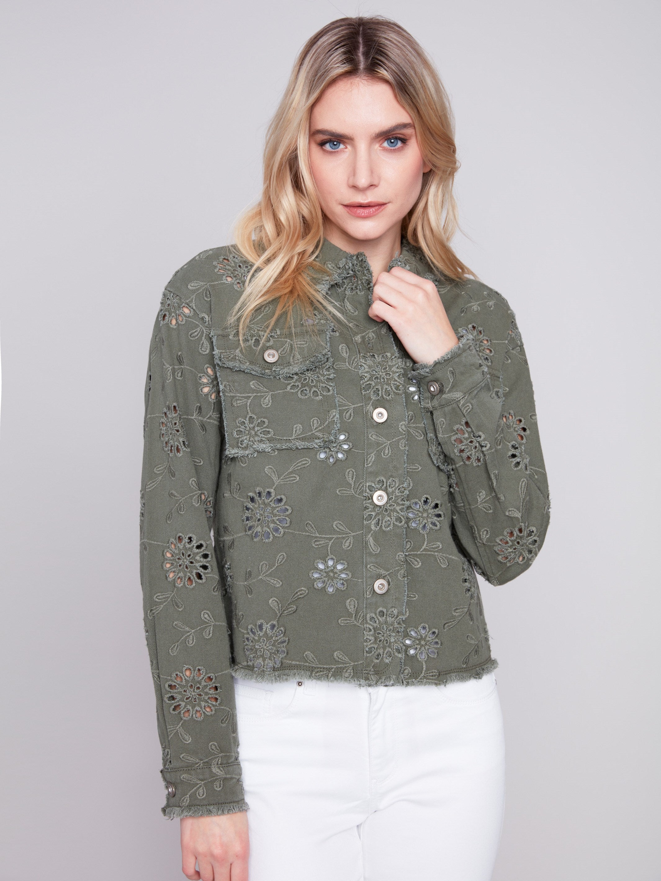 Embroidered Eyelet Denim Jacket Celadon Charlie B