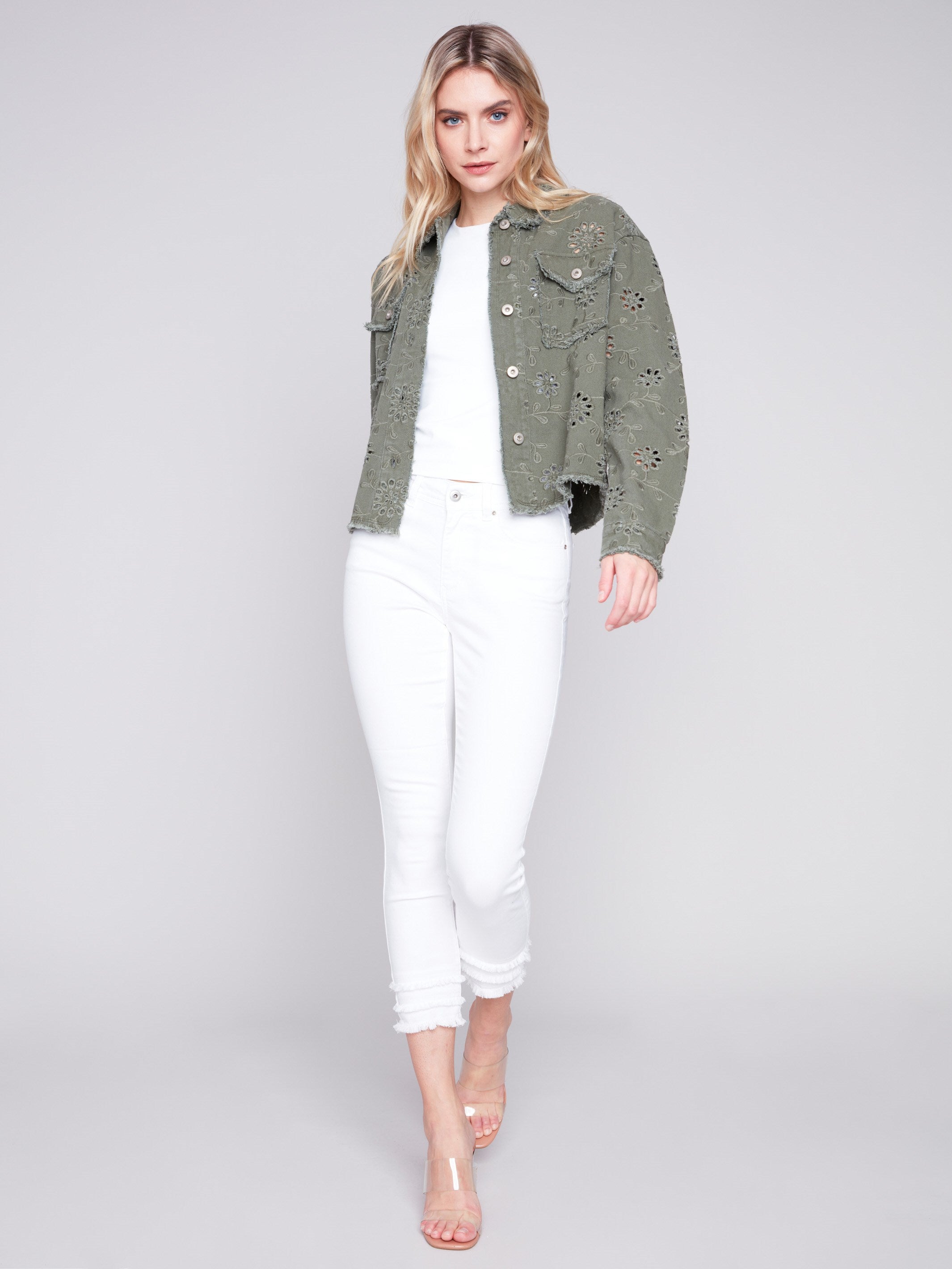 Embroidered Eyelet Denim Jacket Celadon Charlie B