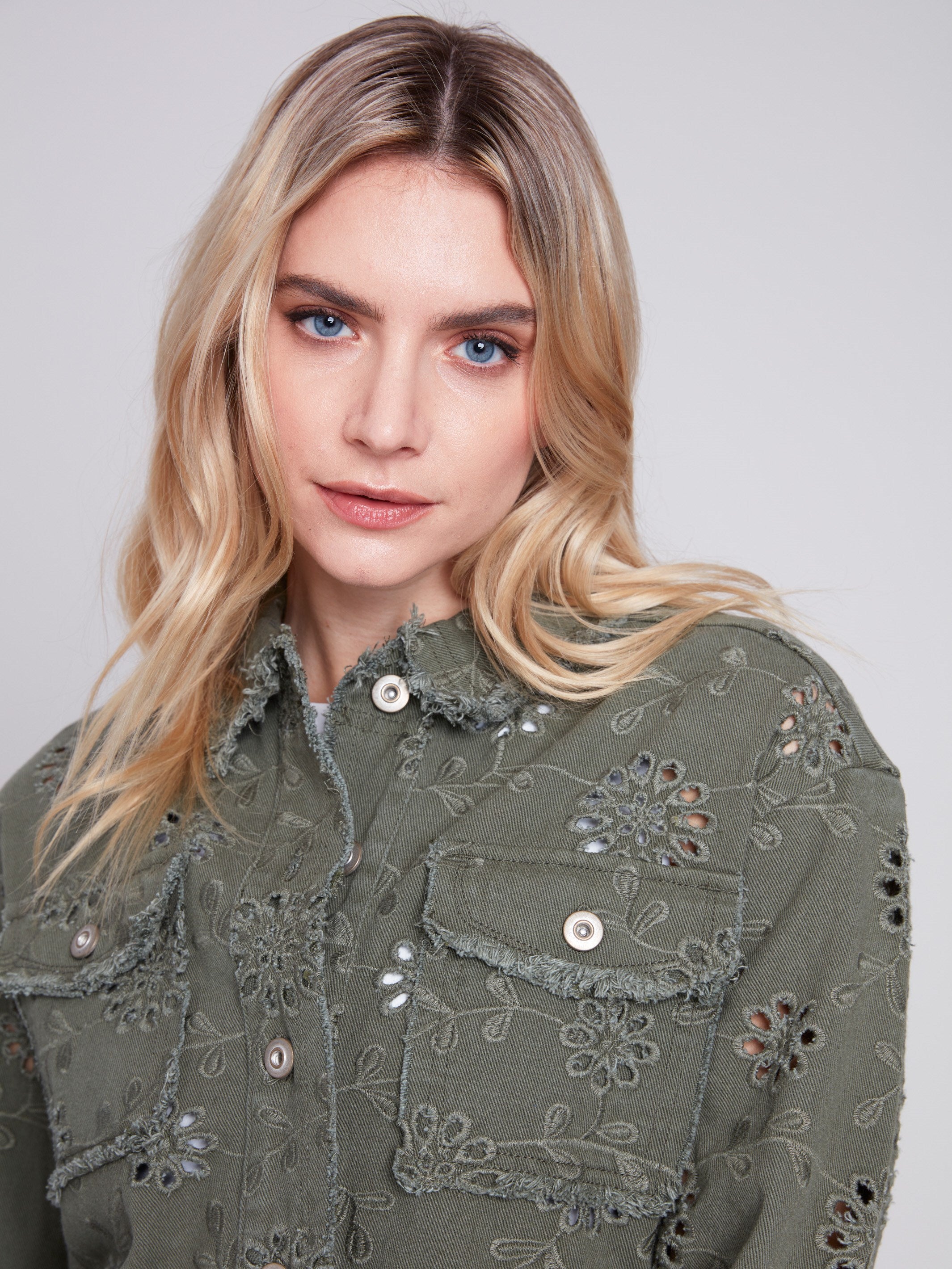Embroidered Eyelet Denim Jacket Celadon Charlie B