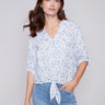 Charlie B Embroidered Front Tie Cotton Blouse - Sky - Image 1