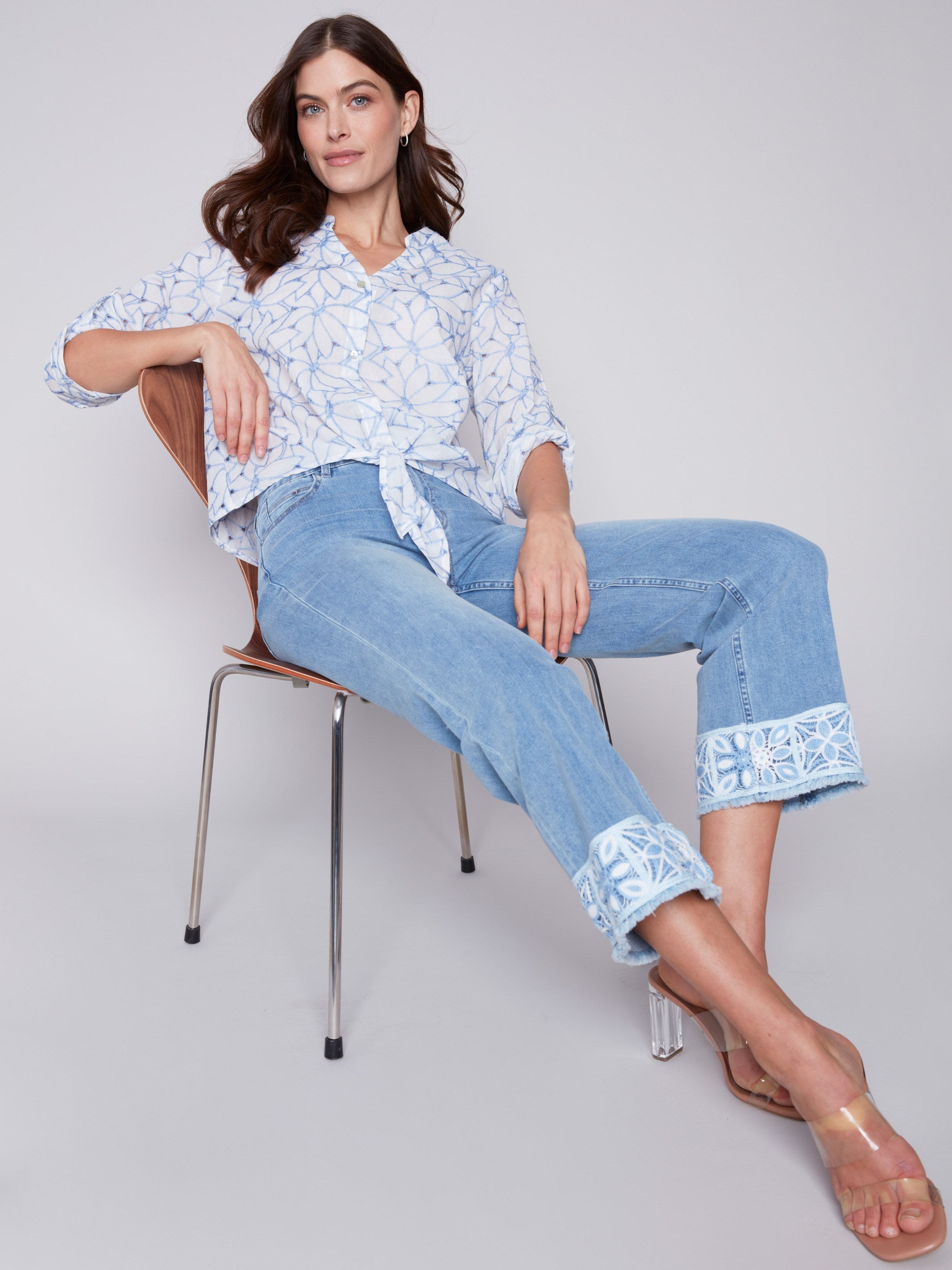 Charlie B Embroidered Front Tie Cotton Blouse - Sky - Image 2