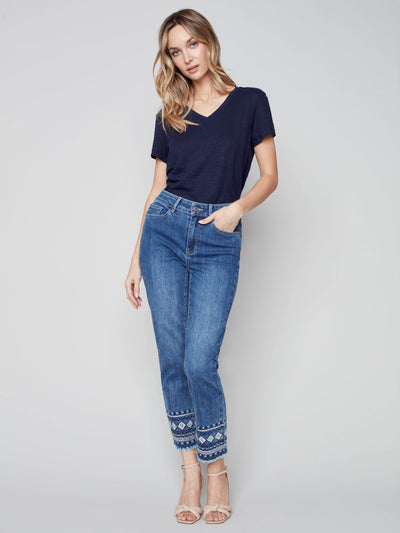 Embroidered Hem Jeans - Medium Blue - C5345 Charlie B Collection