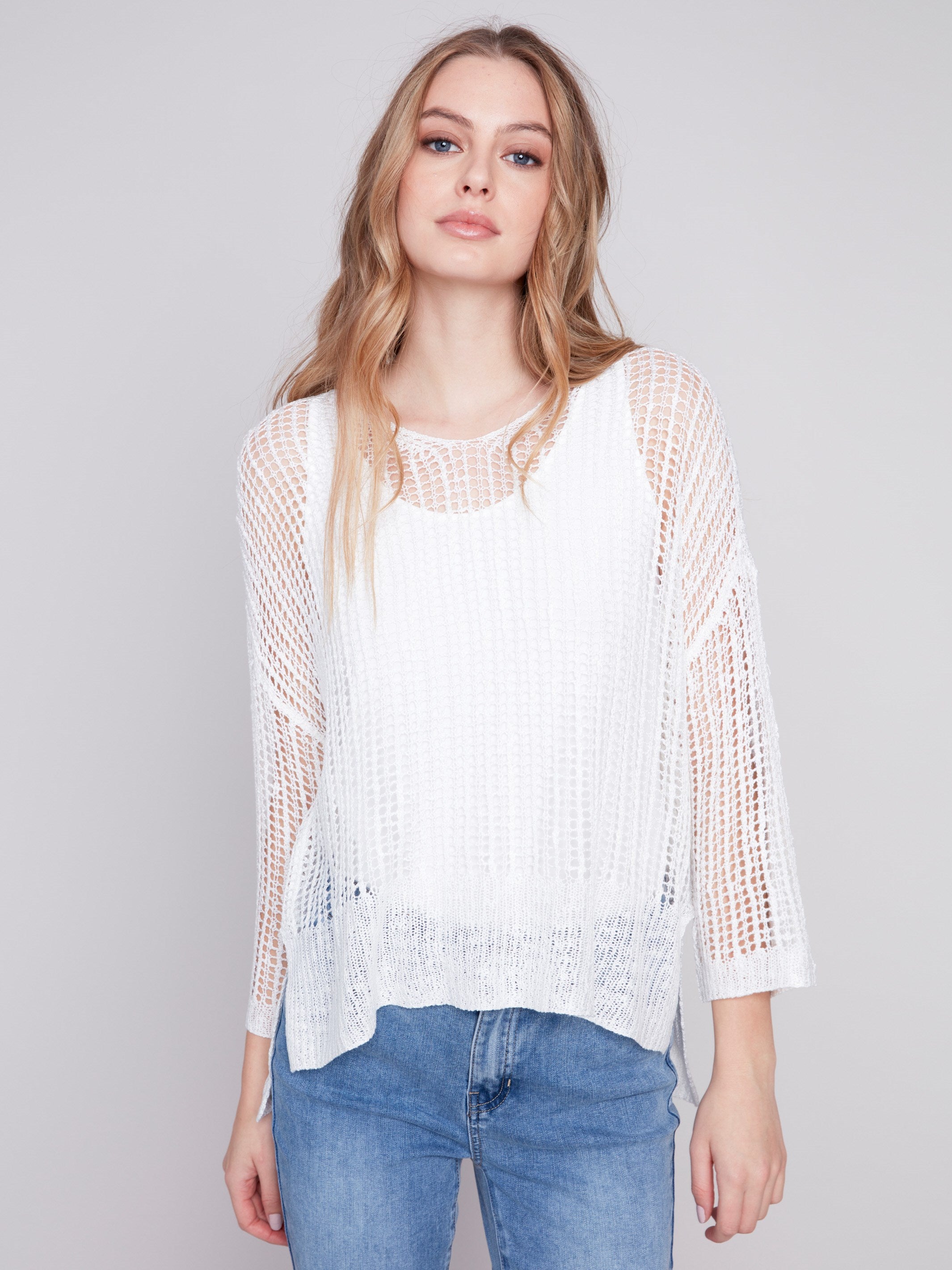 Charlie B Fishnet Crochet Sweater - White - Image 1