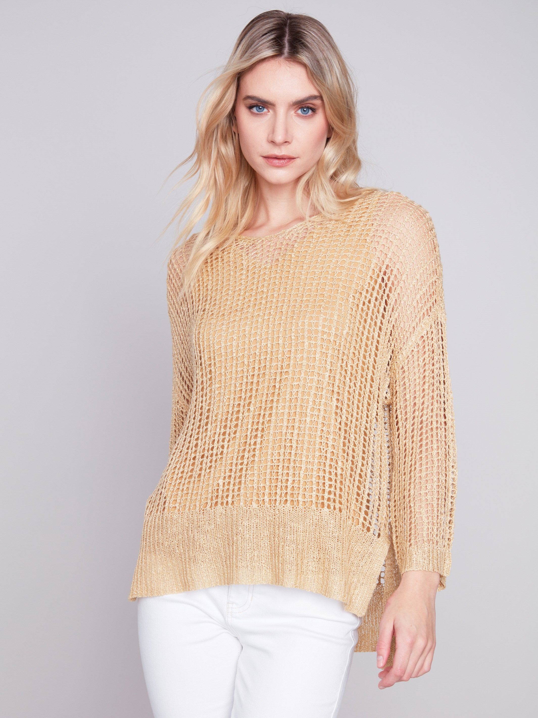 Charlie B Fishnet Crochet Sweater - Gold - Image 1