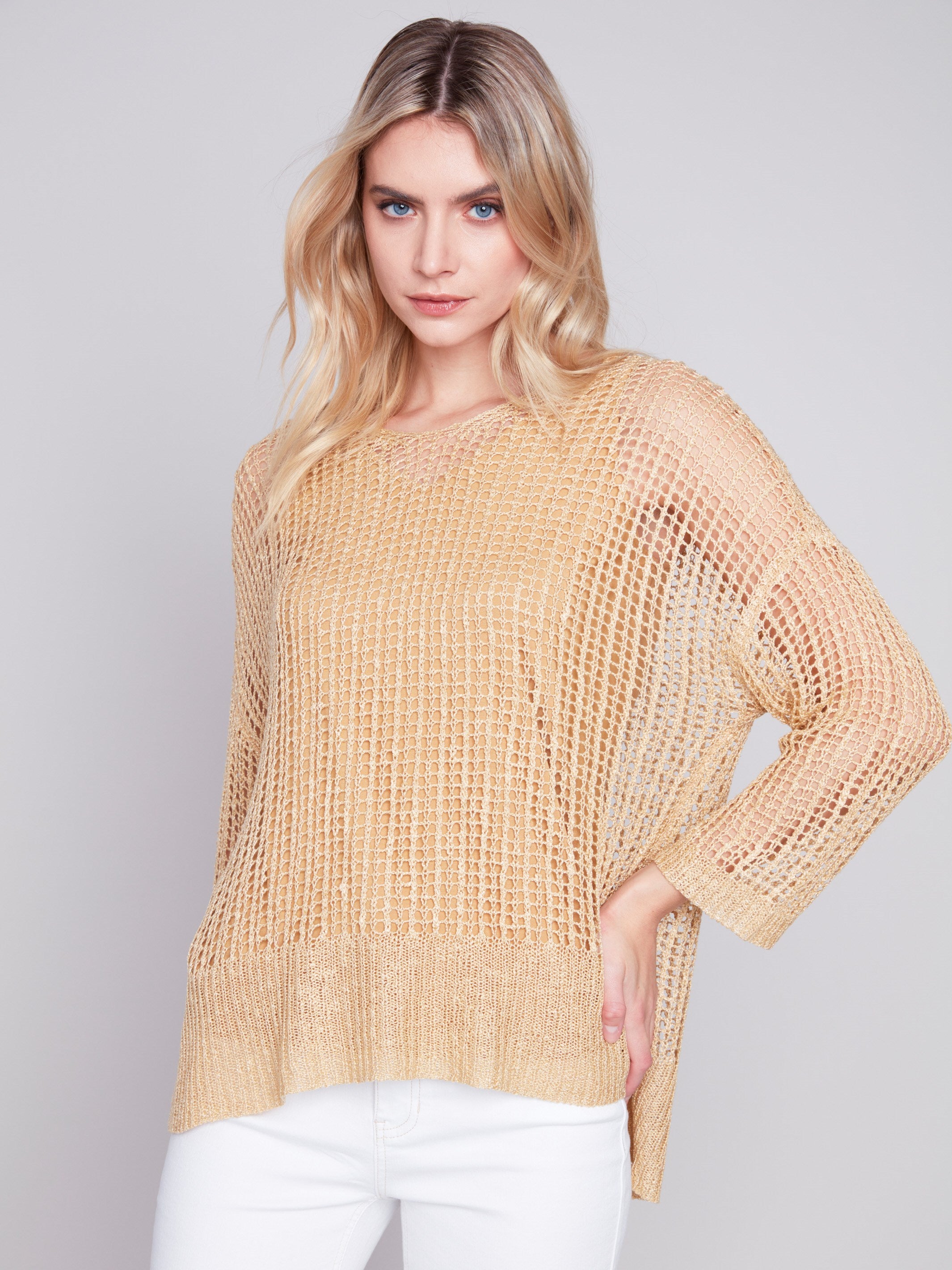 Charlie B Fishnet Crochet Sweater - Gold - Image 5