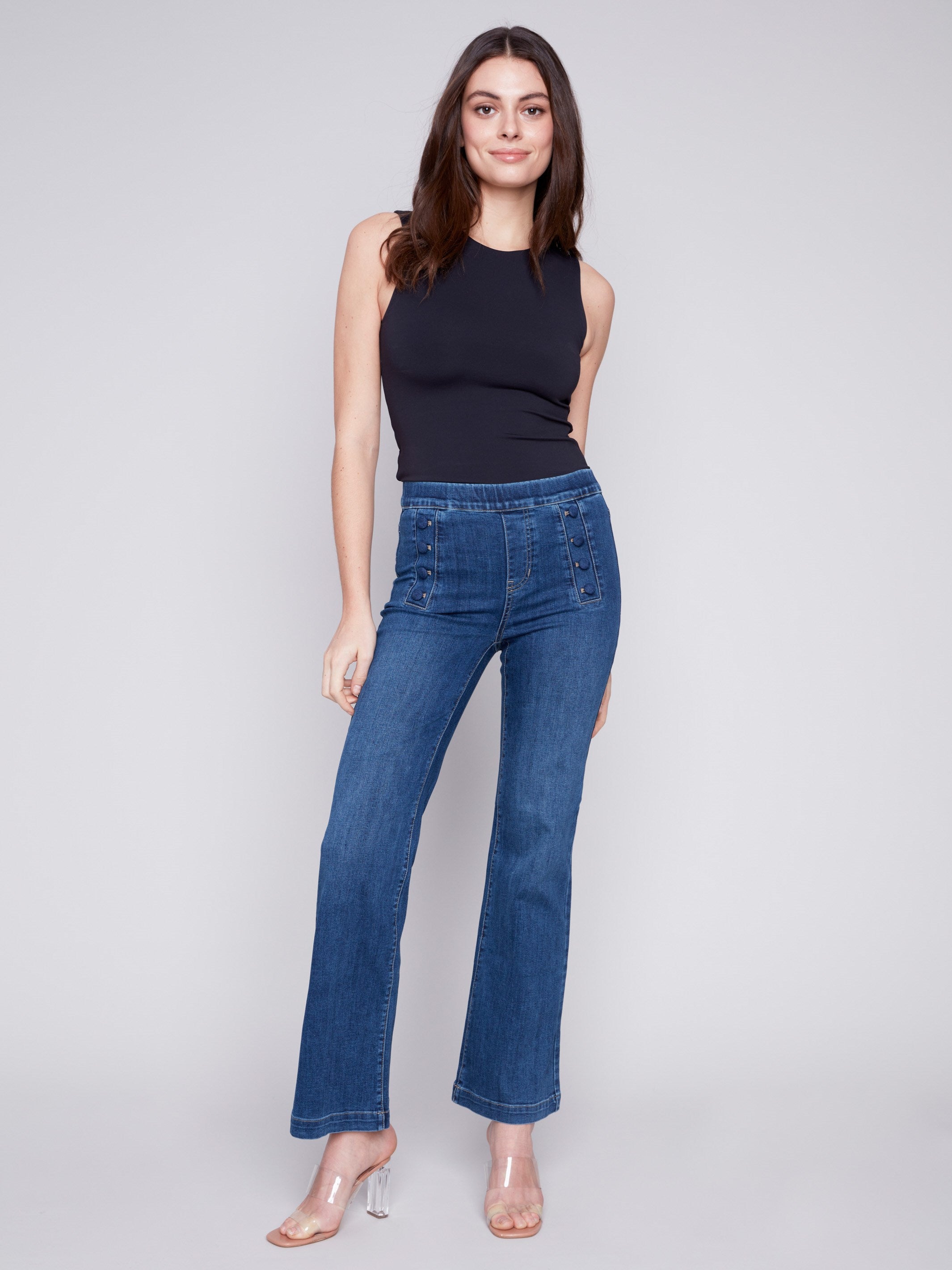 Charlie B Flare Jeans with Decorative Buttons - Indigo - Image 1