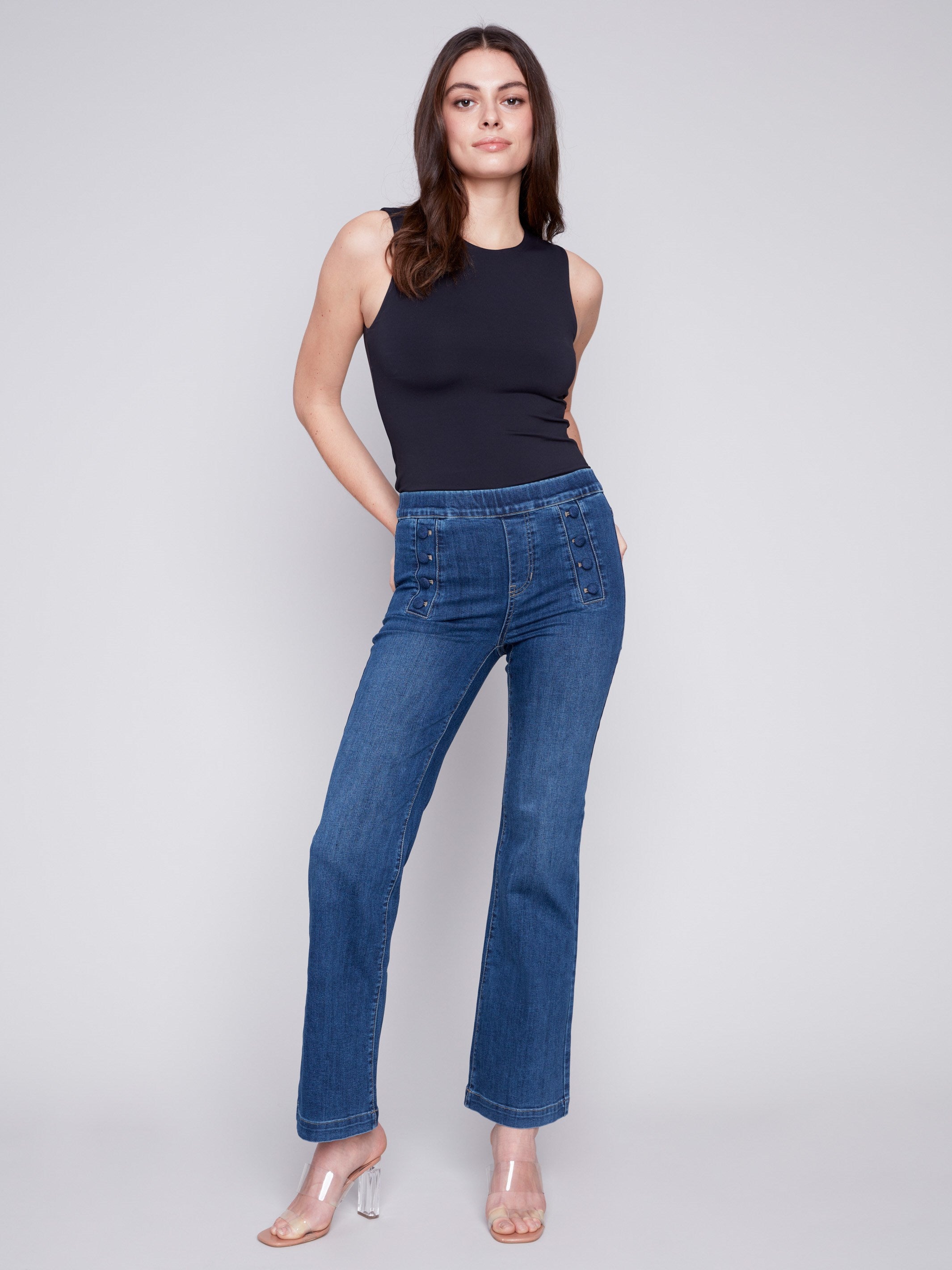 Charlie B Flare Jeans with Decorative Buttons - Indigo - Image 3
