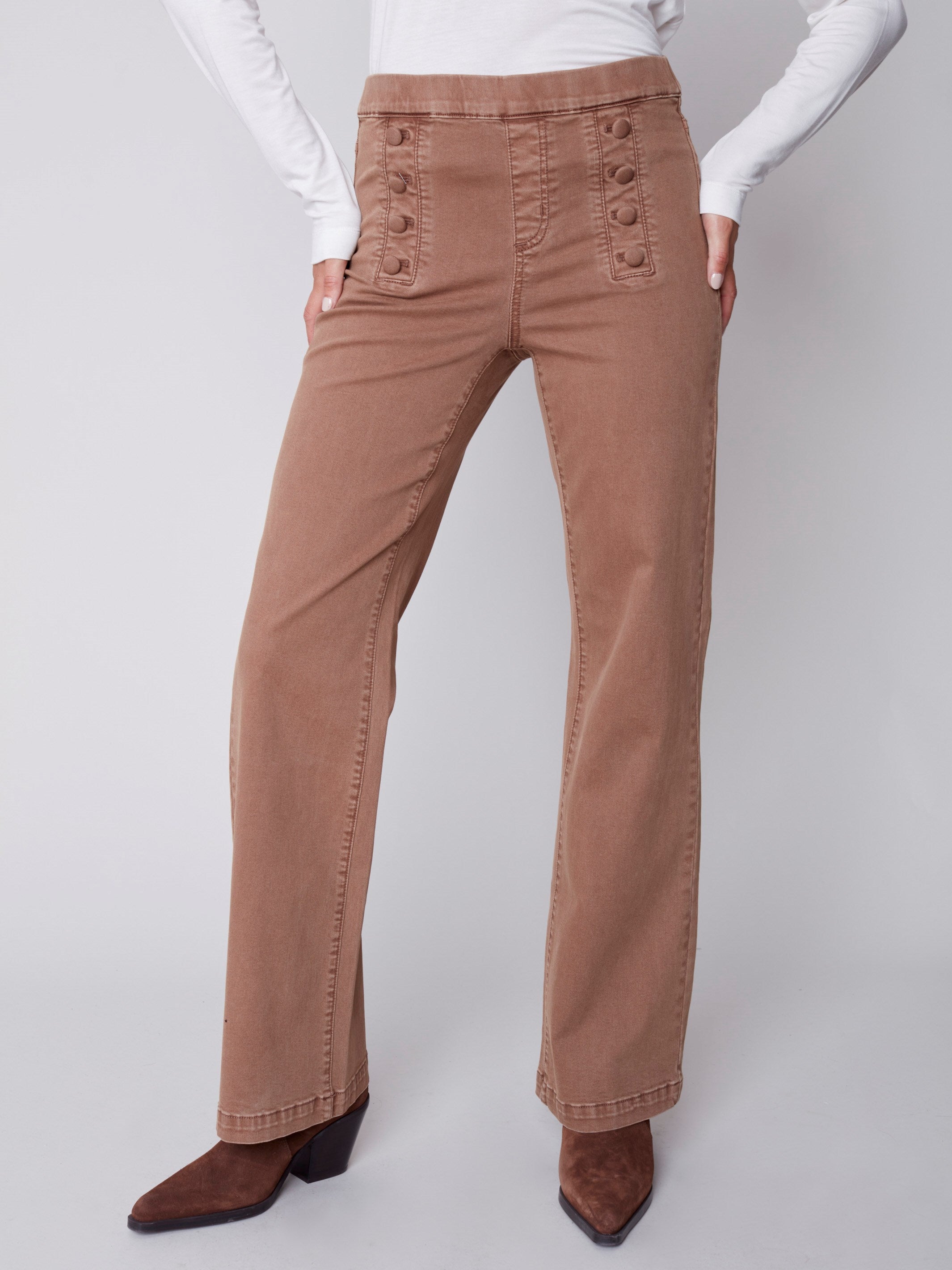 Flare Pull-on Jeans with Decorative Buttons - Truffle