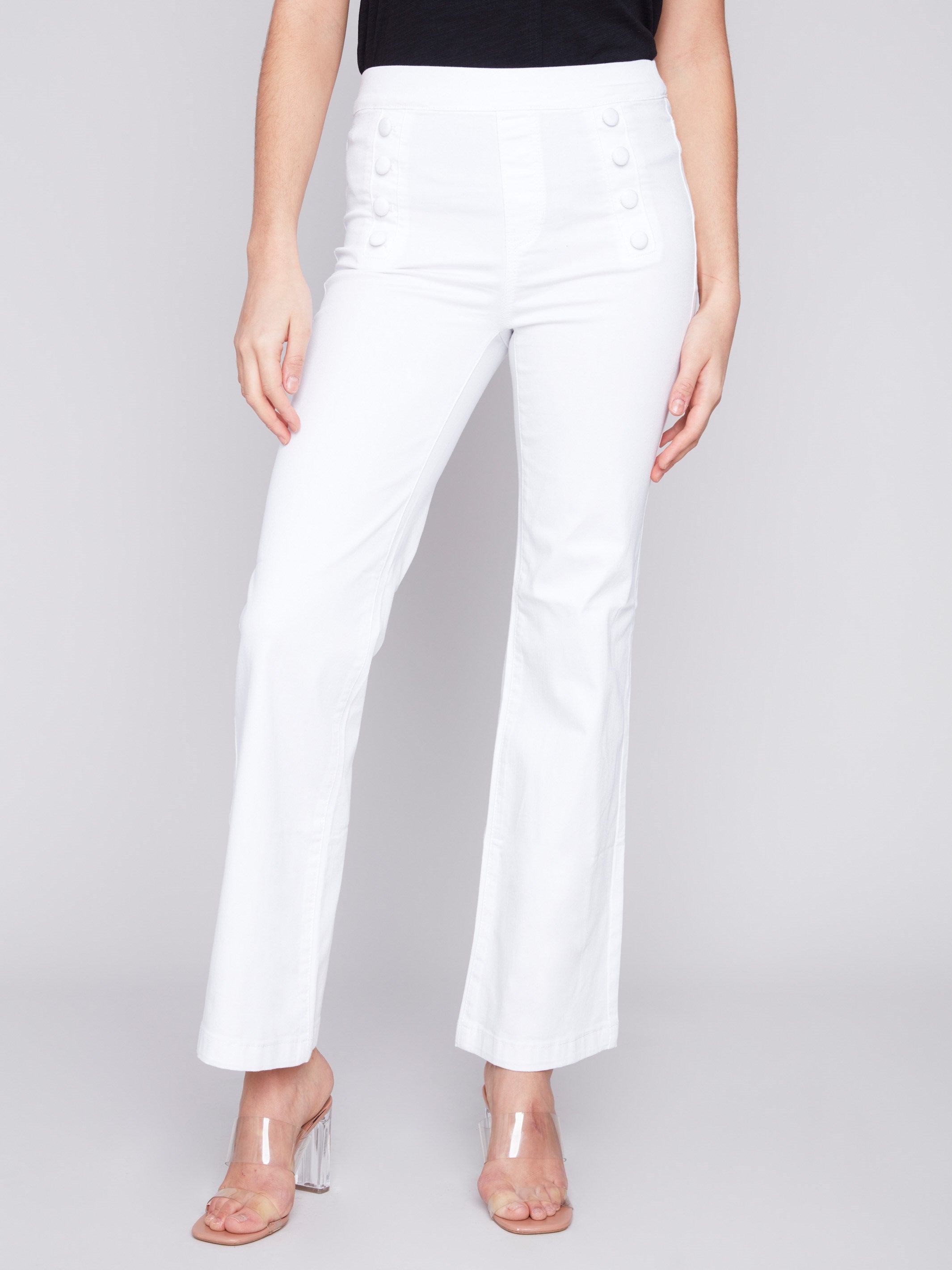 Charlie B Flare Twill Pants with Decorative Buttons - White - Image 2