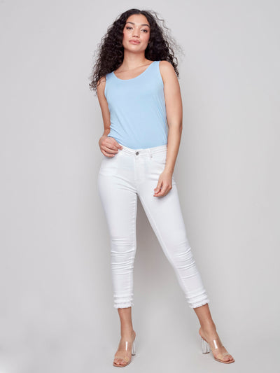 Frayed Hem Cropped Denim Pants - White - C5147 Charlie B Collection