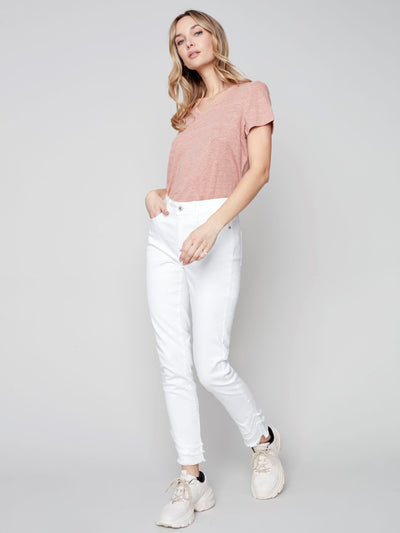 Frayed Hem Denim Pants - White - C5273 Charlie B Collection