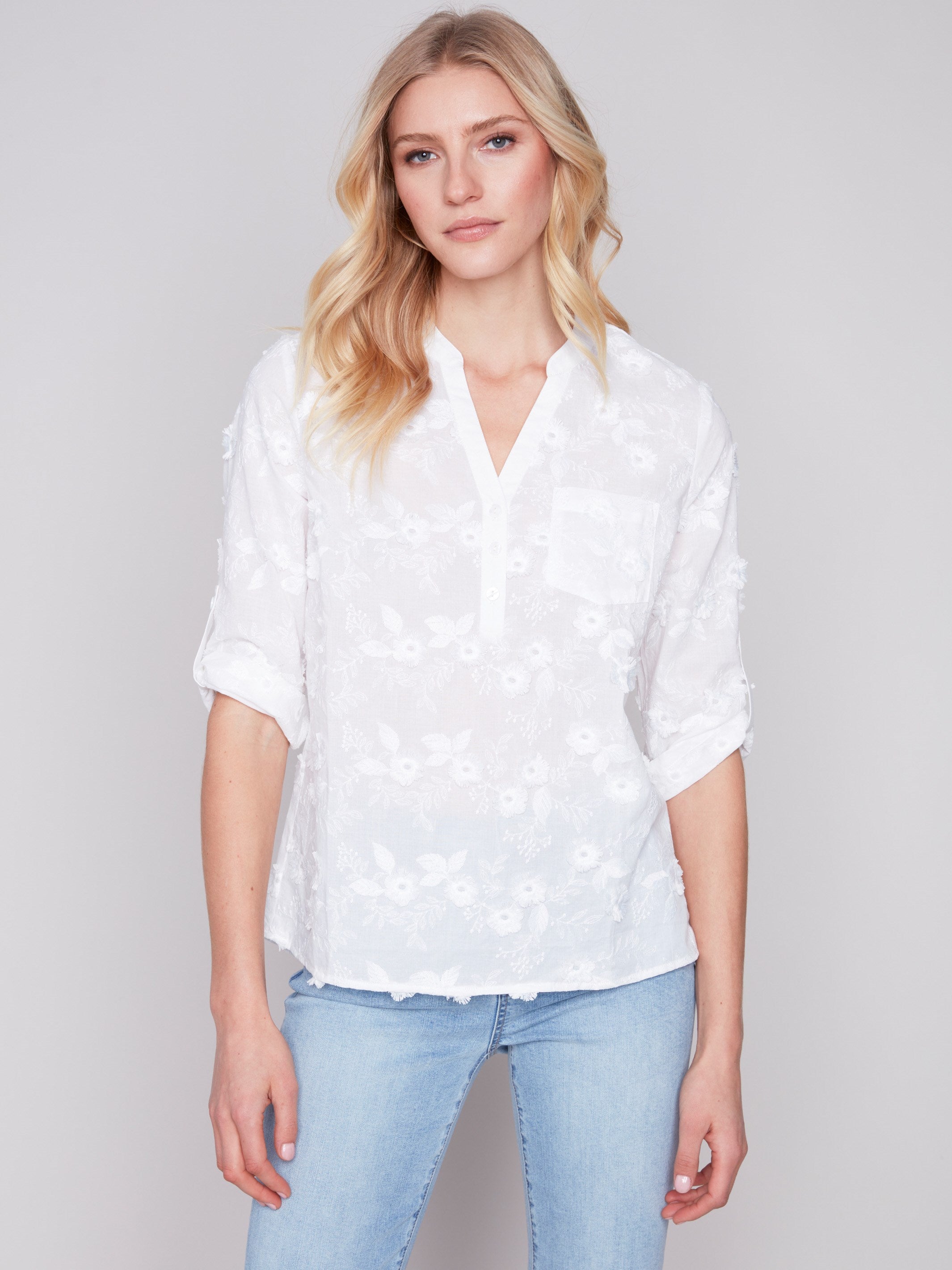 Charlie B Half-Button Embroidered Cotton Blouse - White - Image 3