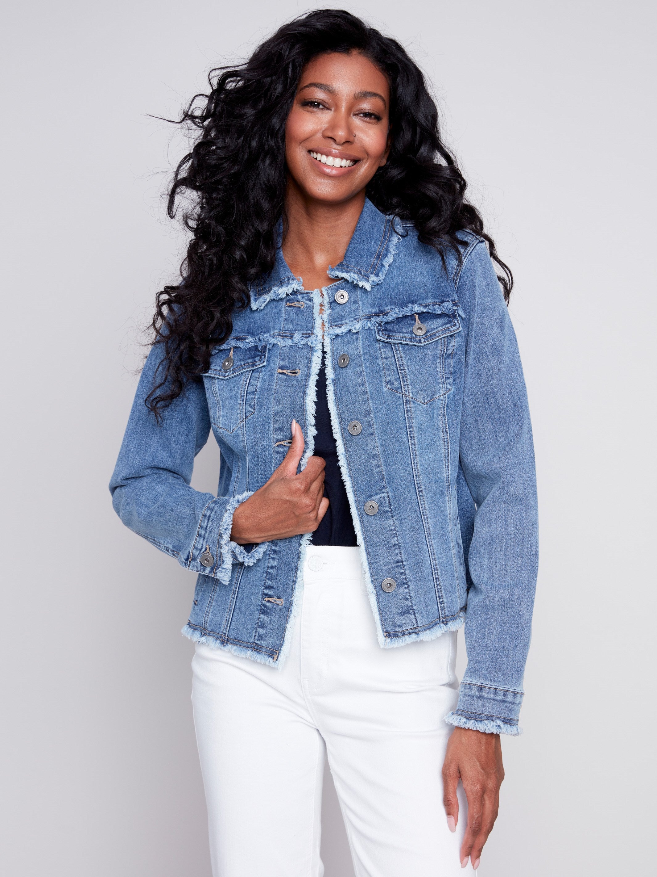 Charlie B Jean Jacket with Frayed Edges - Medium Blue - Image 1