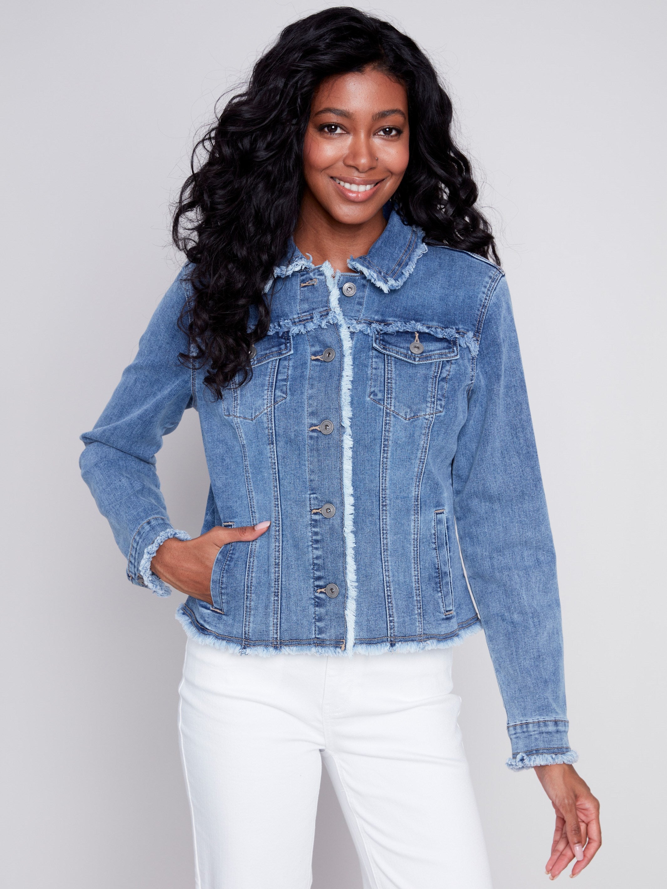 Charlie B Jean Jacket with Frayed Edges - Medium Blue - Image 4