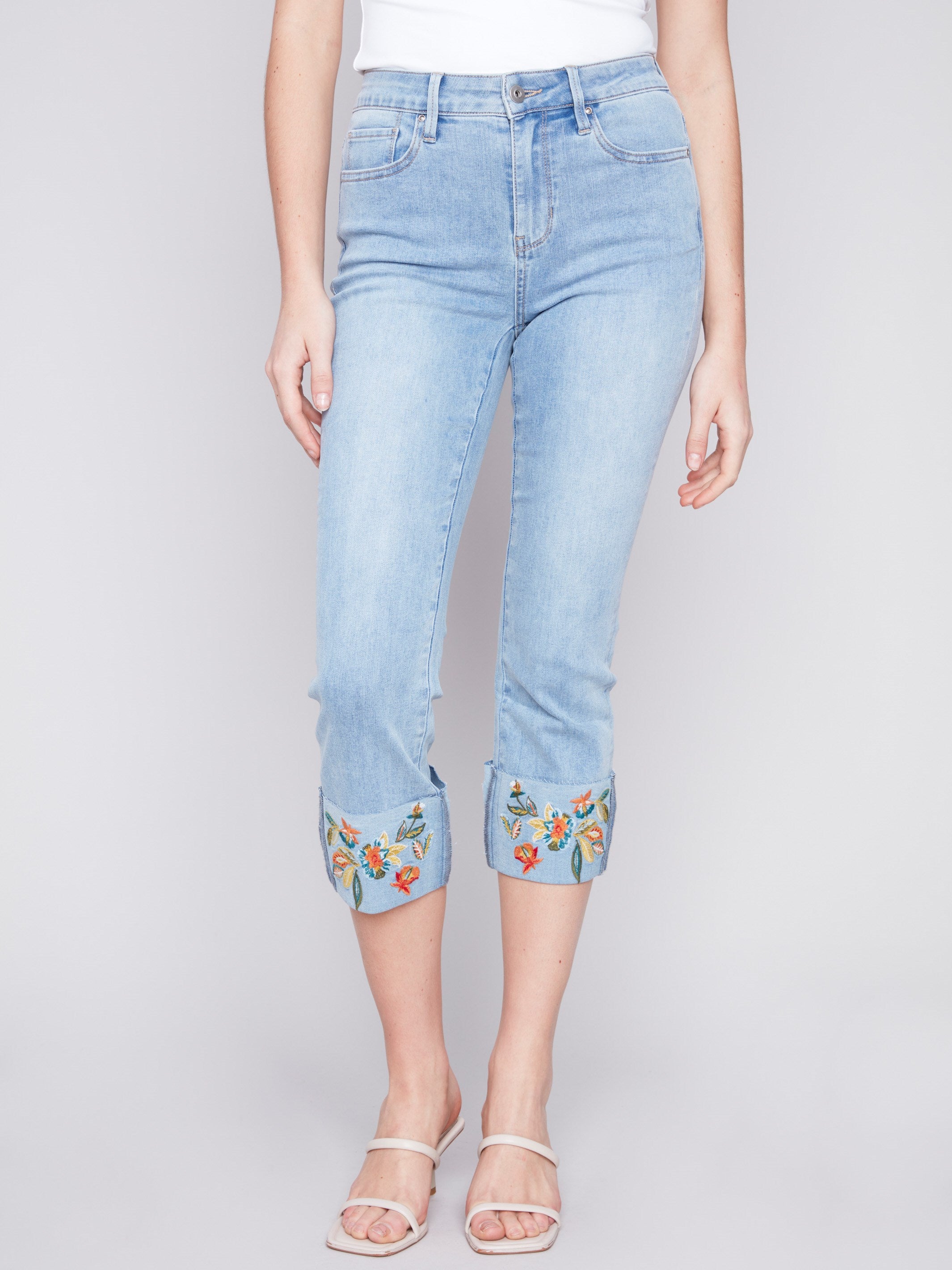 Charlie B Cropped Jeans with Embroidered Cuff - Light Blue - Image 2