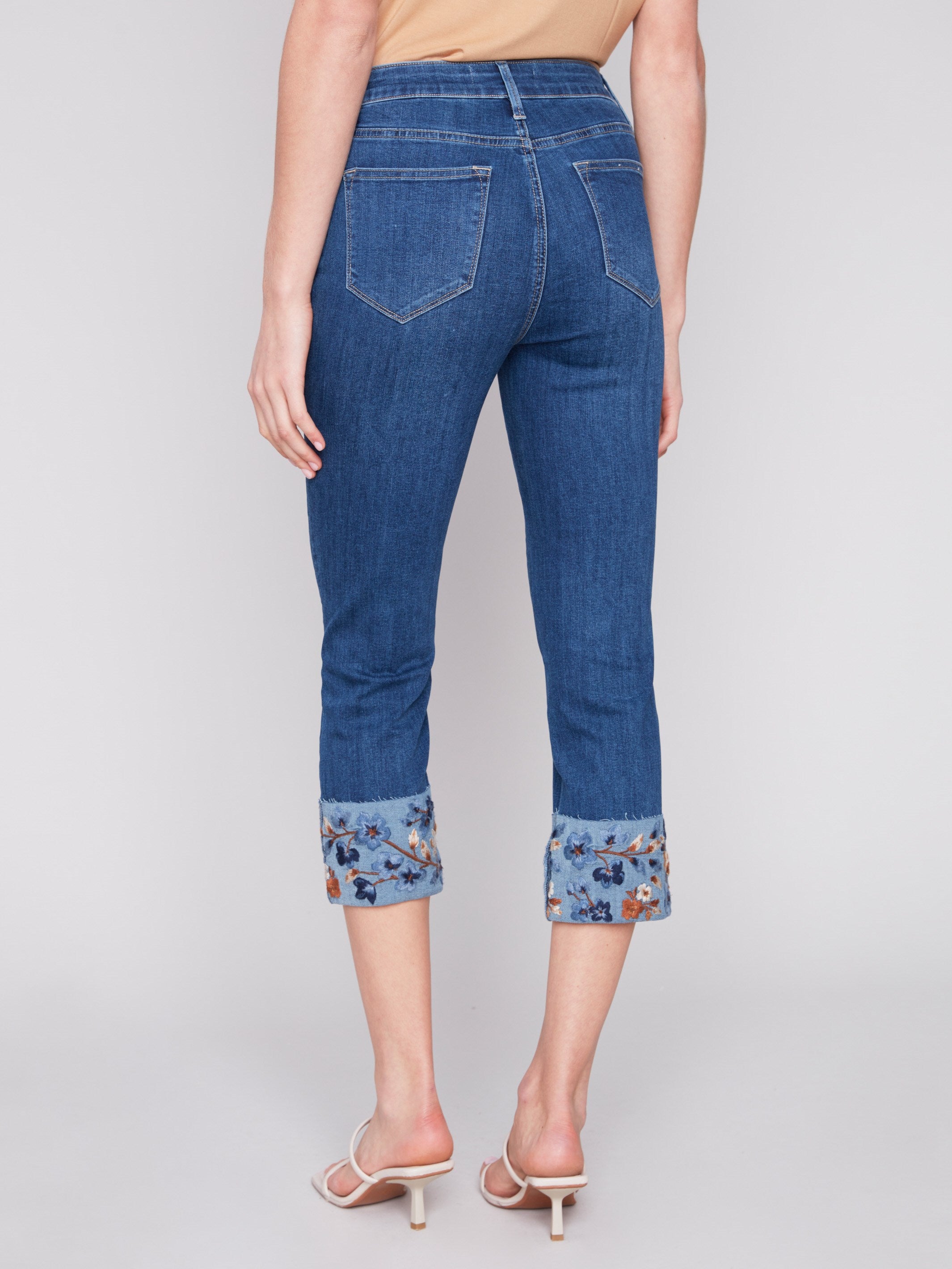 Charlie B Cropped Jeans with Embroidered Cuff - Indigo - Image 3