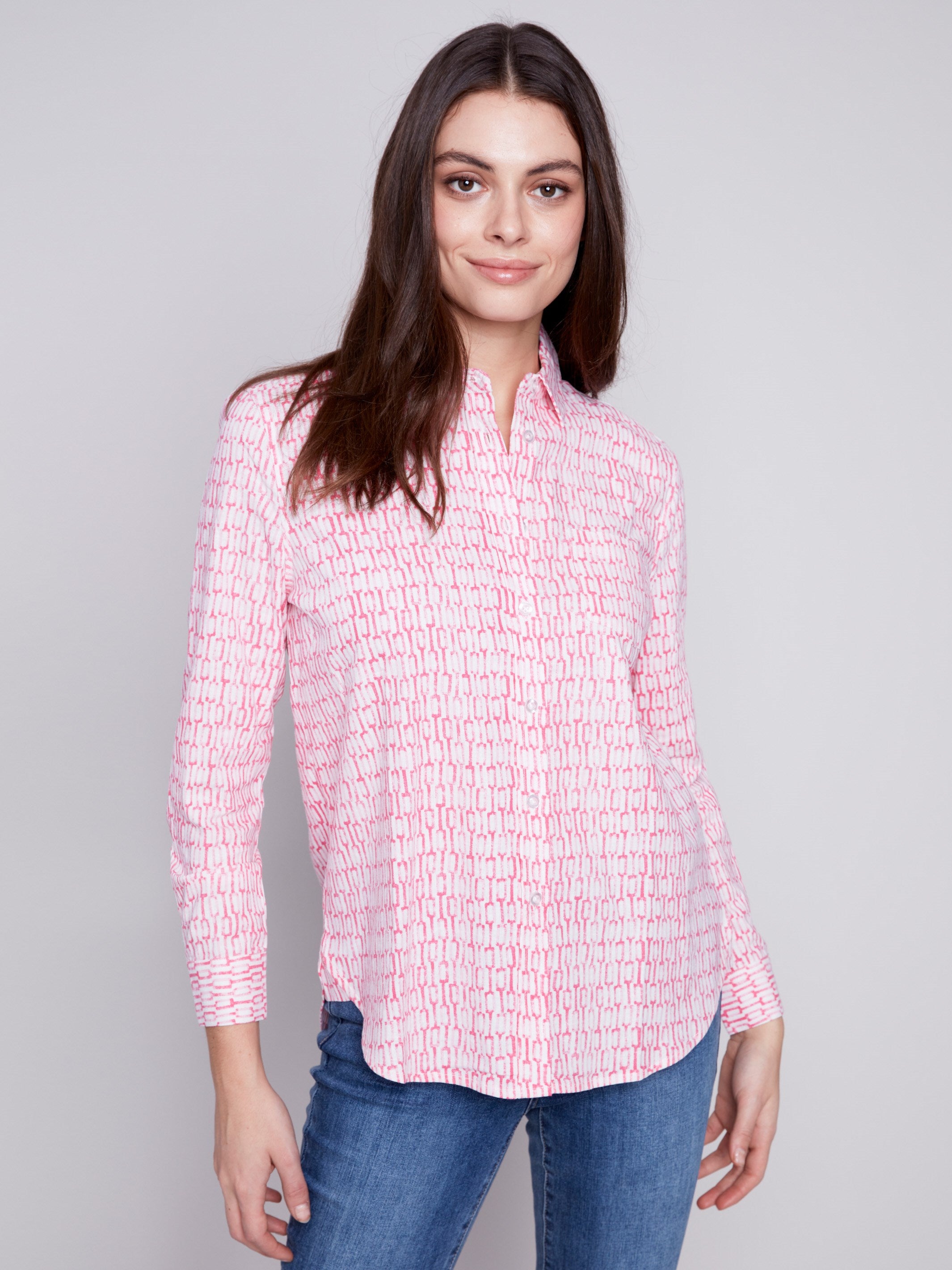 Charlie B Linen Blend Button-Down Shirt - Flamingo - Image 1