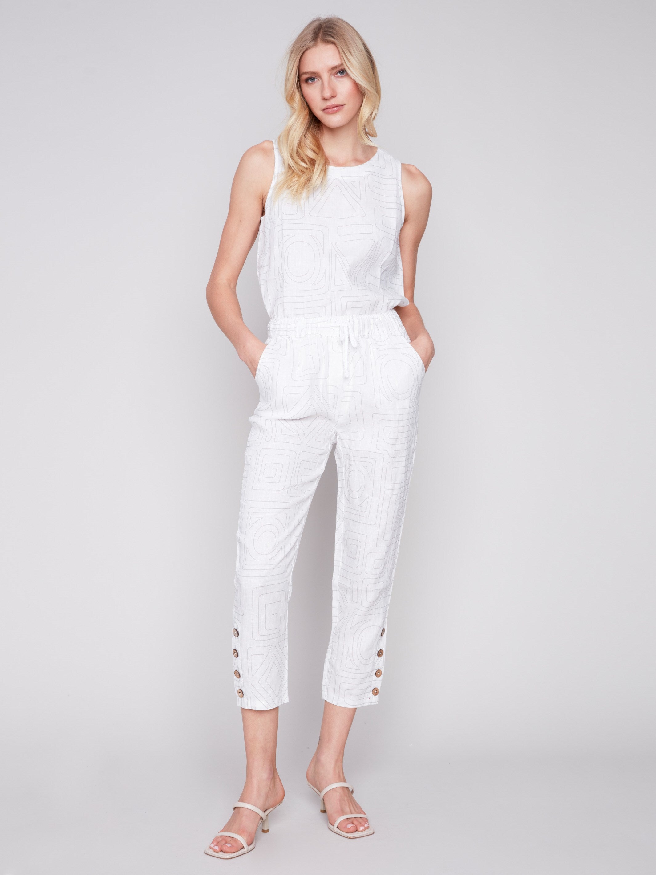 Charlie B Linen Jogger Pants with Button Detail - Light Grey - Image 1
