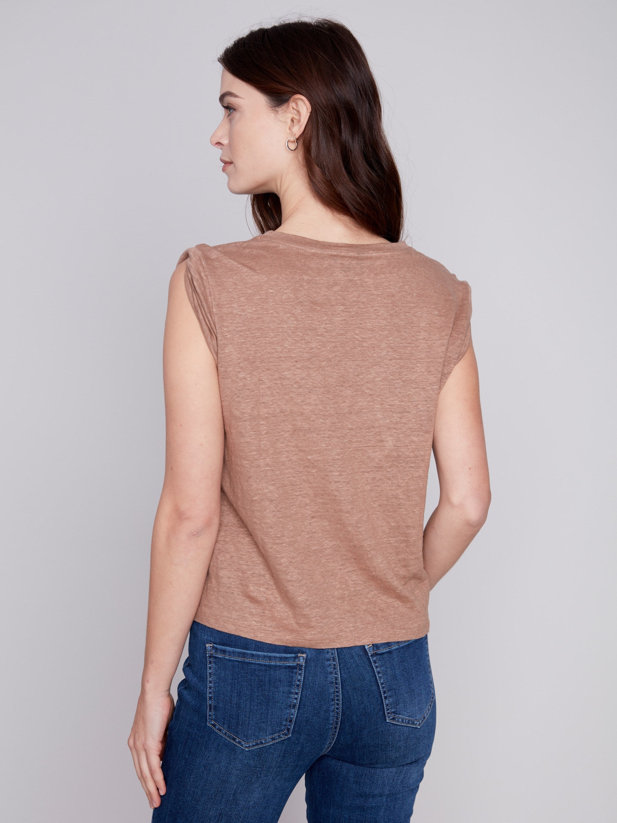 Charlie B Linen Tank Top with Sleeve Detail - Caramel - Image 7