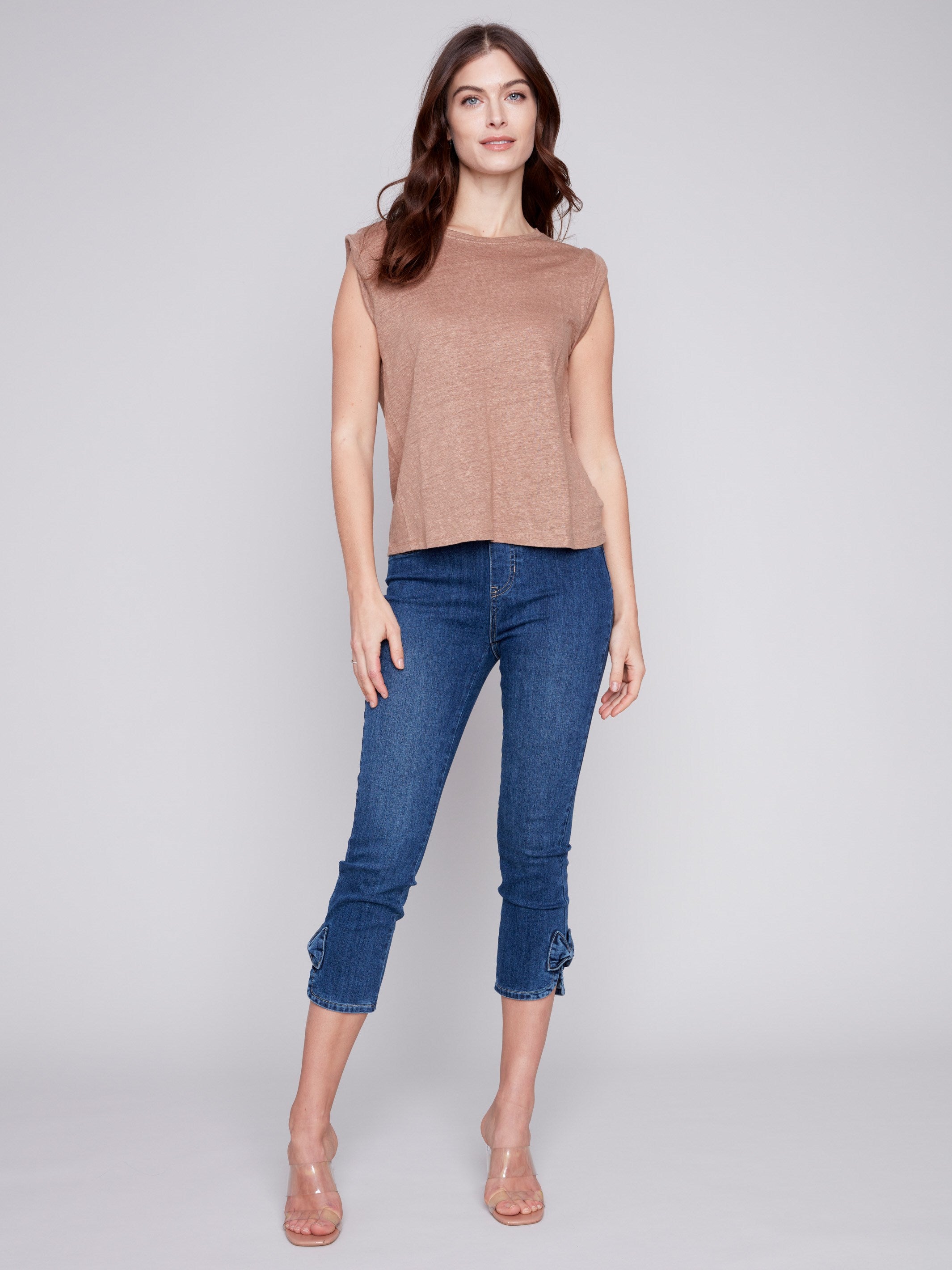 Charlie B Linen Tank Top with Sleeve Detail - Caramel - Image 8