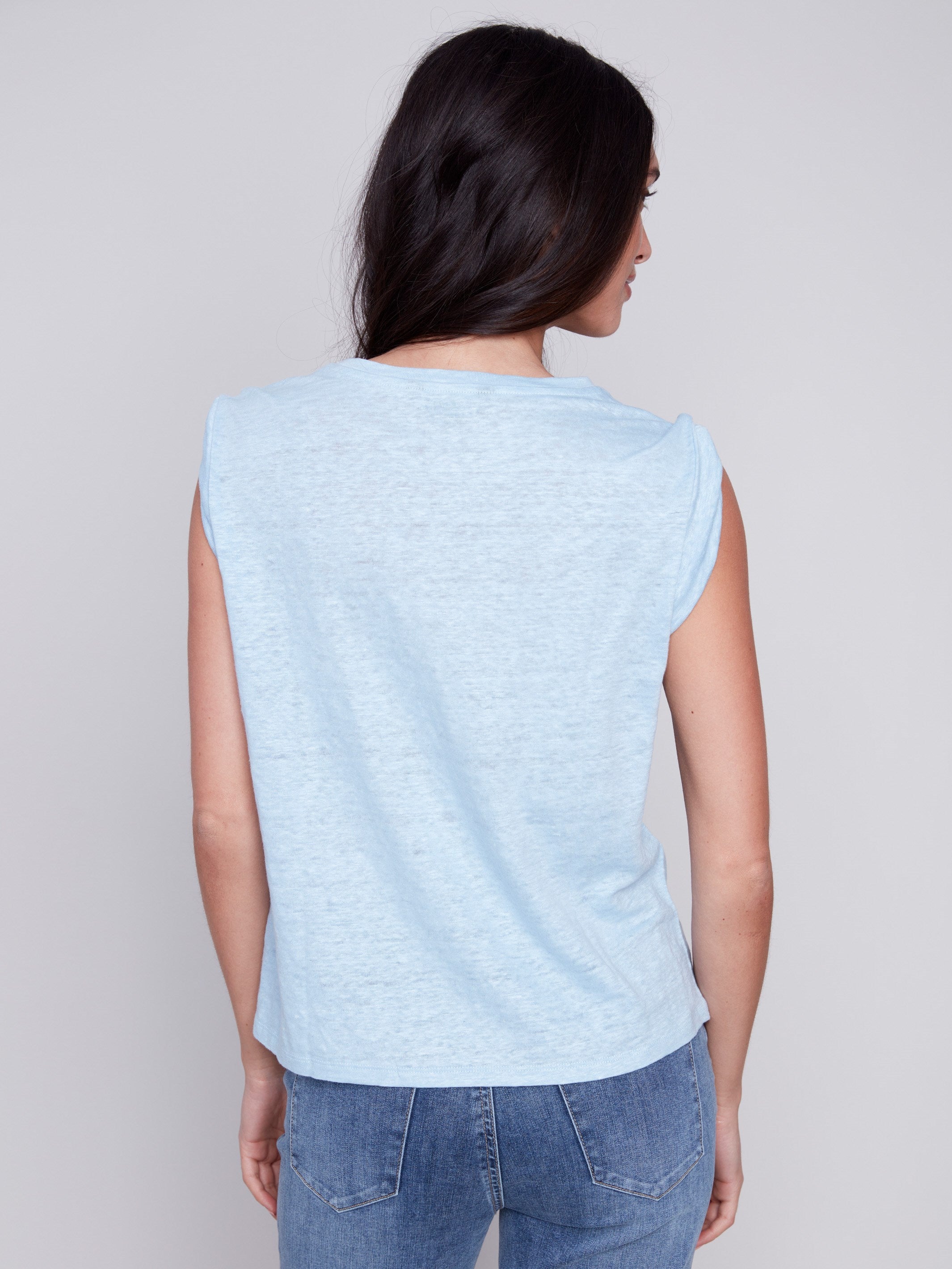 Charlie B Linen Tank Top with Sleeve Detail - Sky - Image 2