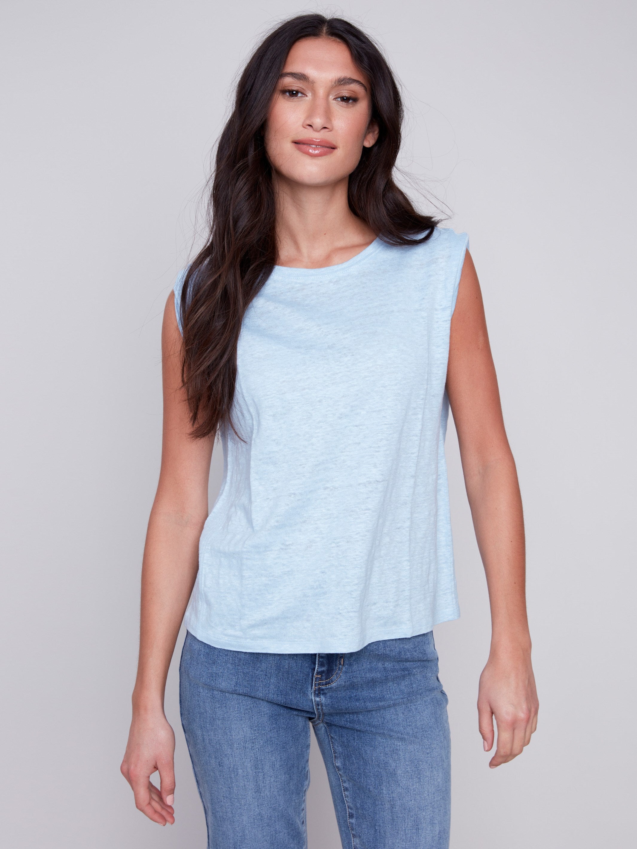 Charlie B Linen Tank Top with Sleeve Detail - Sky - Image 4