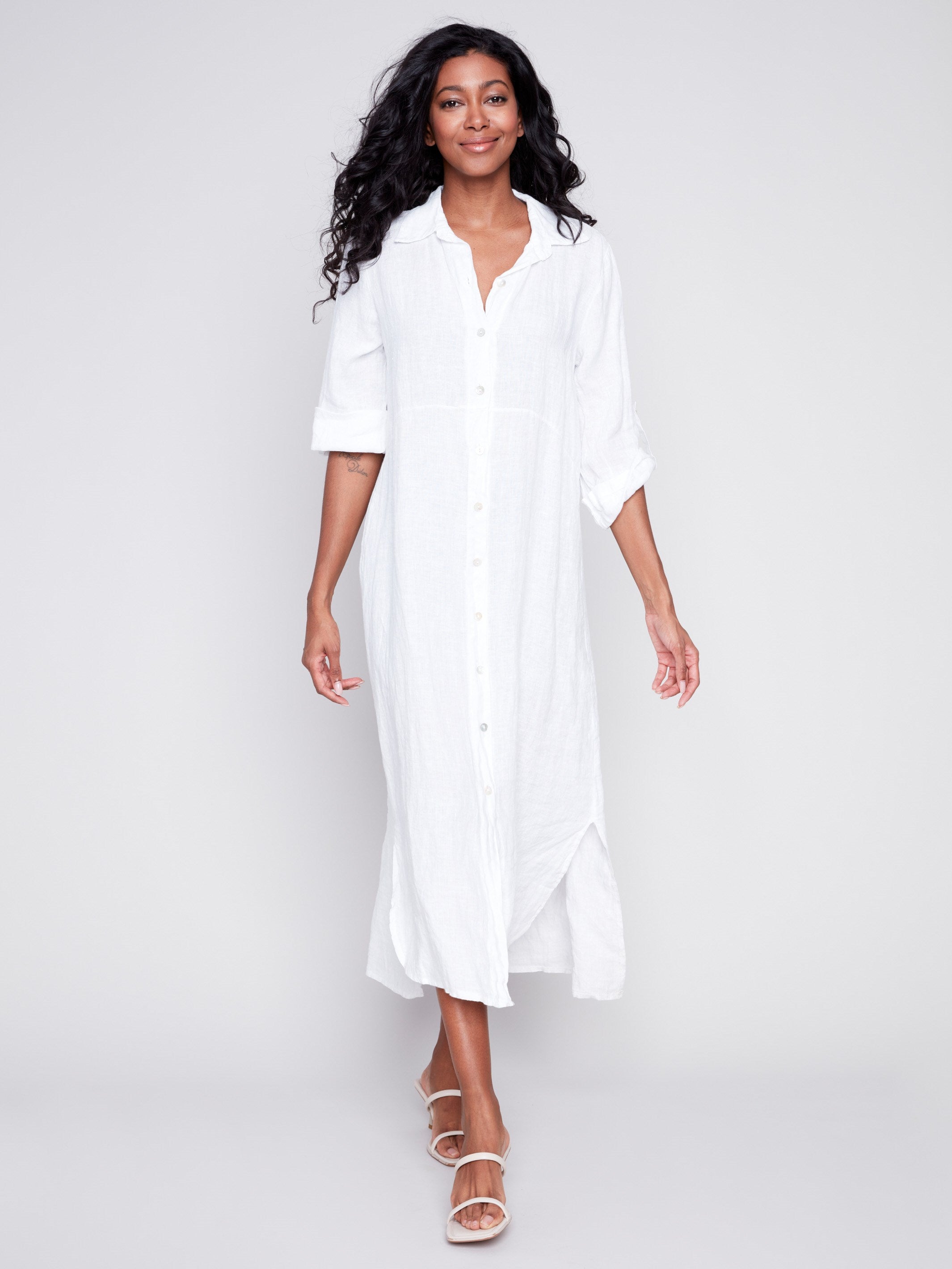 Charlie B Long Linen Tunic Dress - White - Image 2