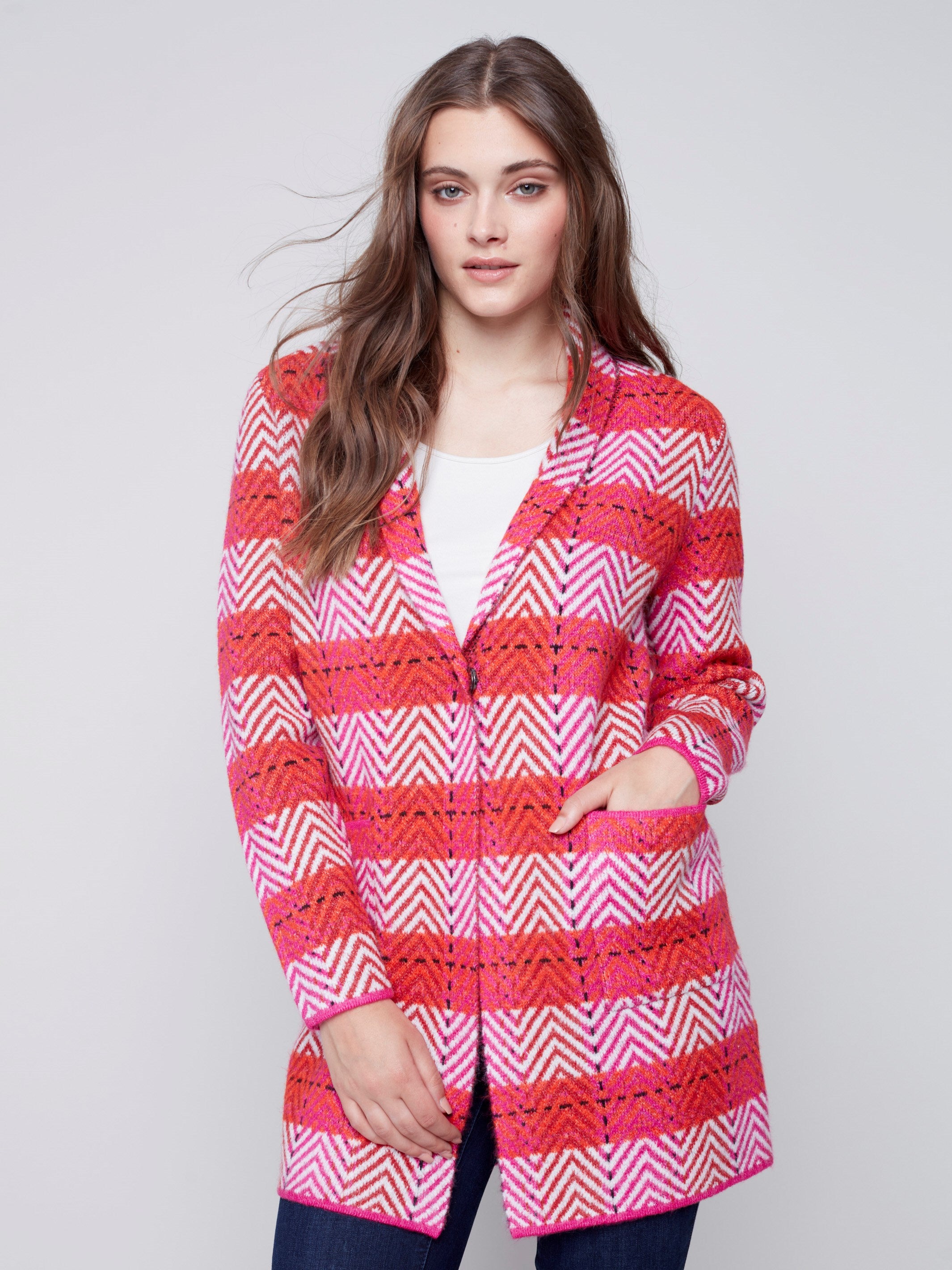 Long Plaid Cardigan with Shawl Collar - Orchid