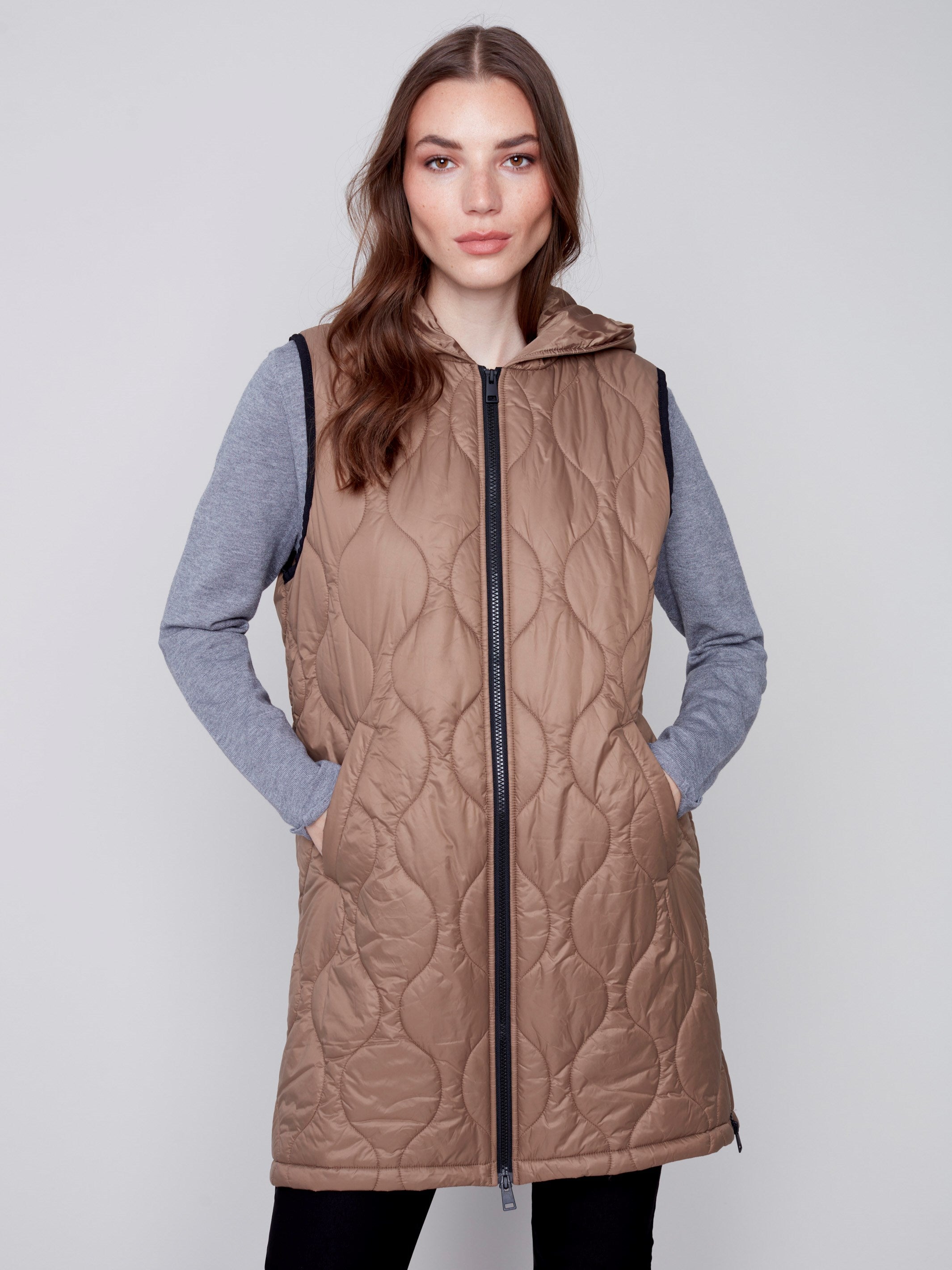 Long Quilted Puffer Vest with Hood - Truffle